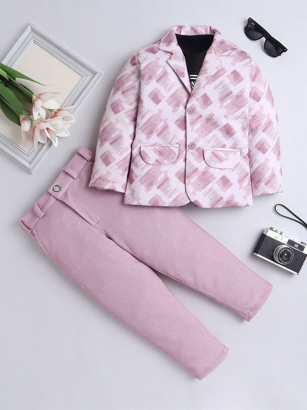 

FOURFOLDS Boys Printed Single-Breasted Notched Lapel Collar 3-Piece Suits, Pink