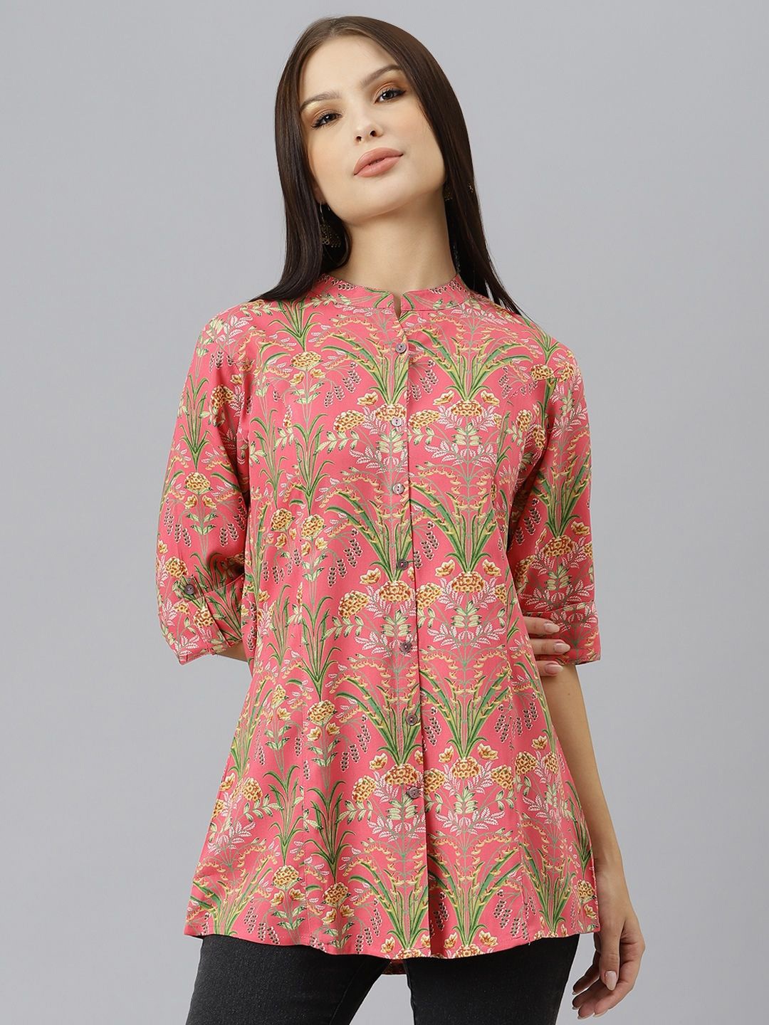 

BAESD Floral Printed Mandarin Collar Roll-Up Sleeves Top, Pink