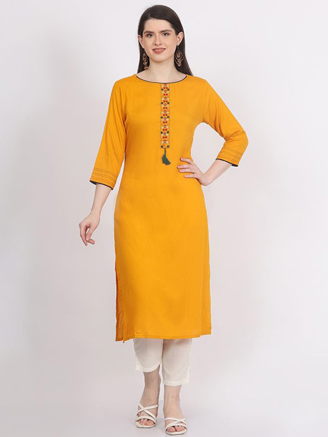 

Krimmple Yoke Design Thread Work Kurta, Mustard