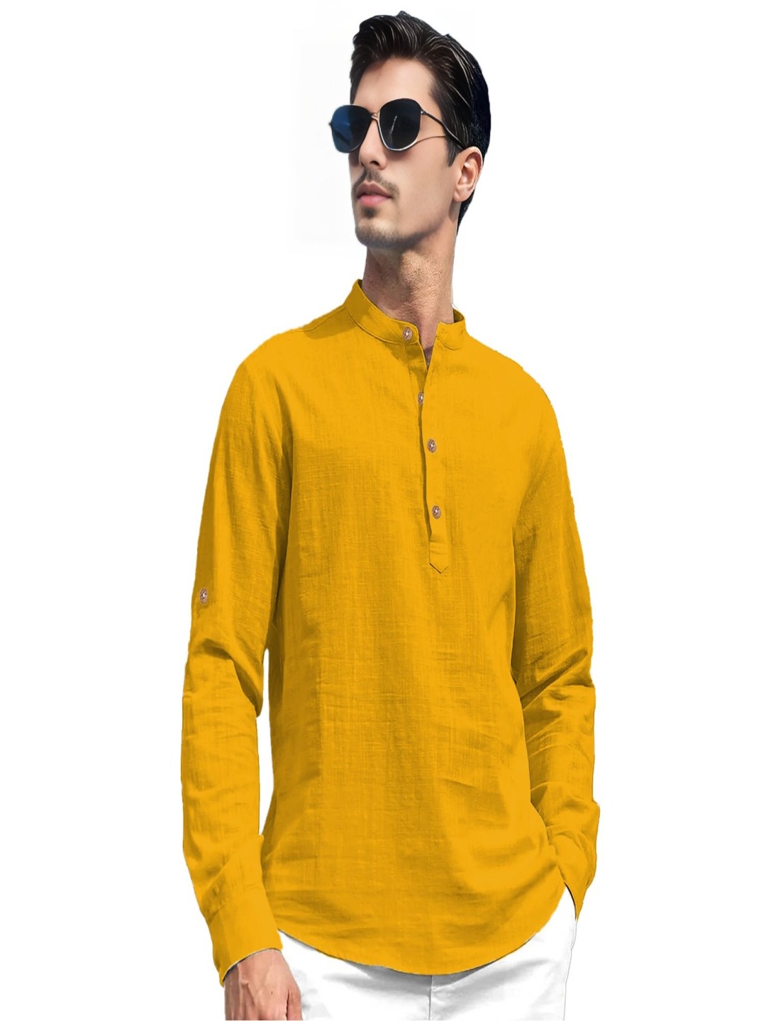 

EdinWolf Band Collar Roll-Up Sleeves Pure Cotton Slim Fit Straight Short Kurta, Yellow