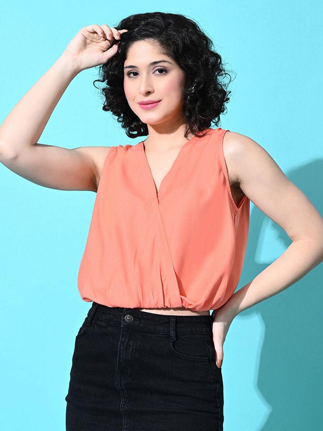 

DressBerry Women V-Neck Sleeveless Wrap Crop Top, Orange