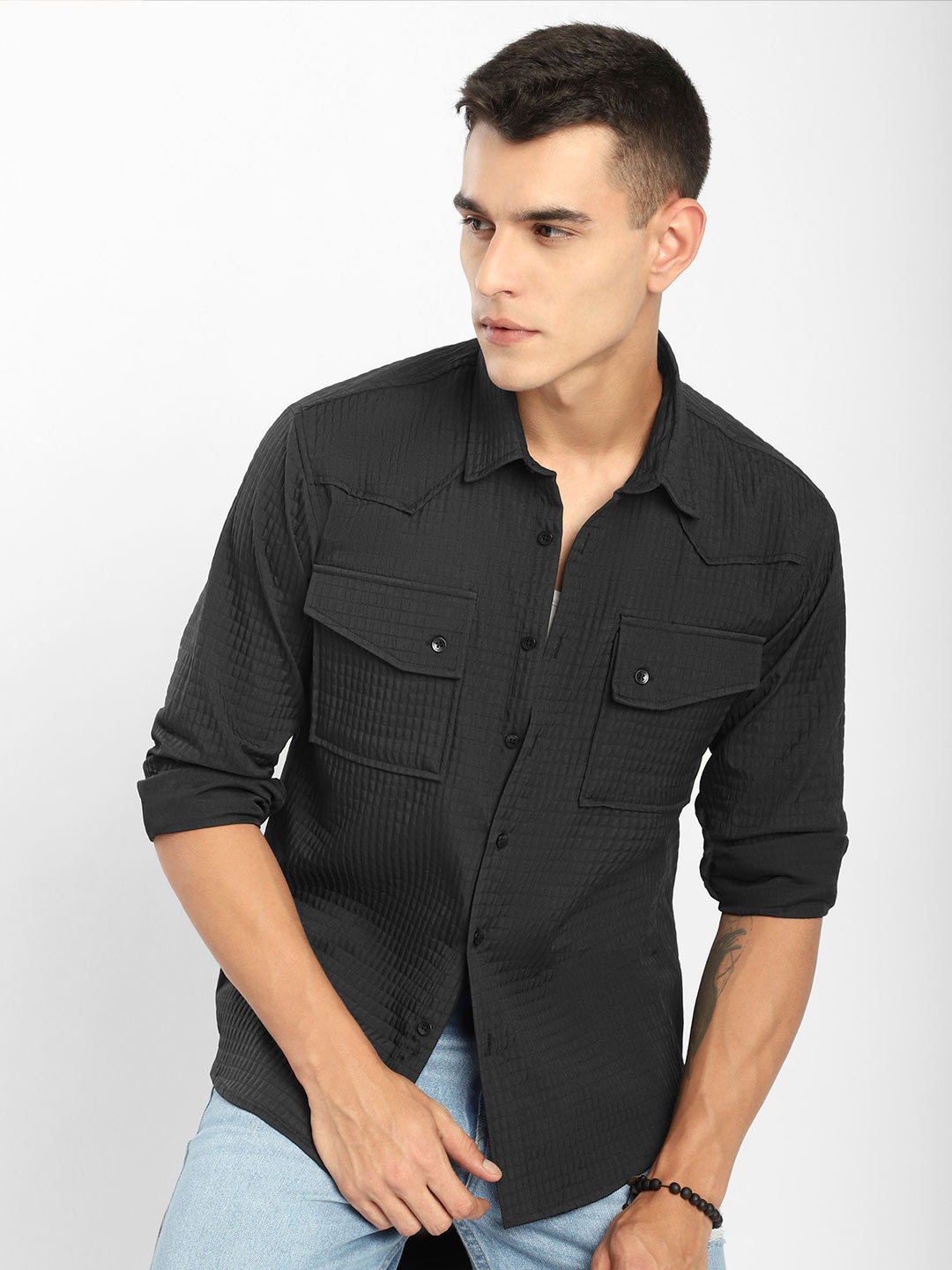 

Beyoung Men Spread Collar Grid Tattersall Checked Casual Shirt, Black