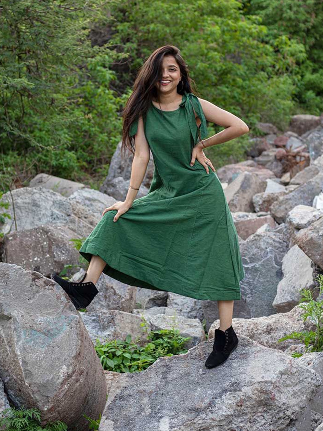 

Kmistry Women Sleeveless Cotton A-Line Midi Dress, Green