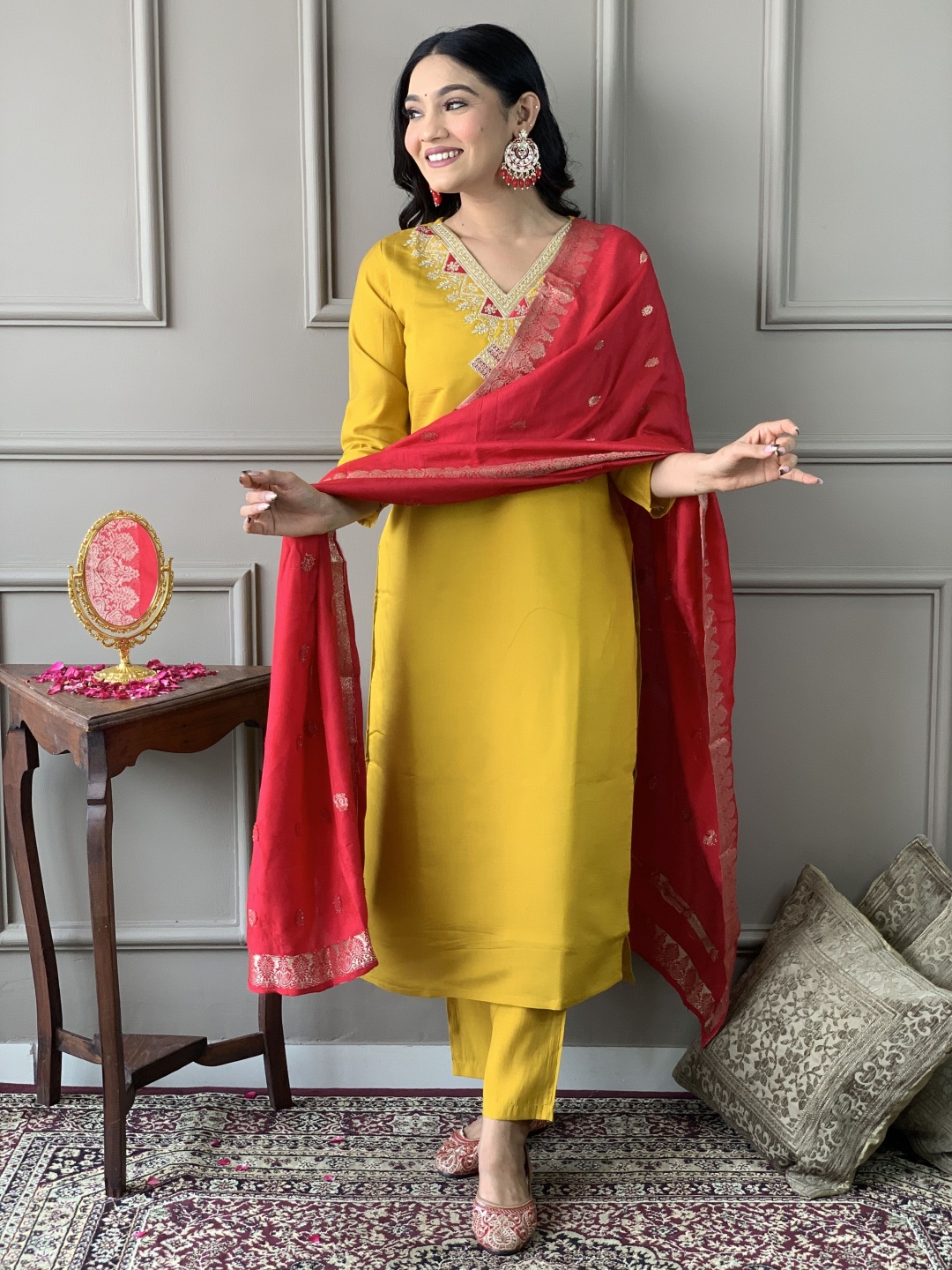 

KALINI Women Ethnic Motifs Embroidered Regular Kurta with Trousers & With Dupatta, Yellow