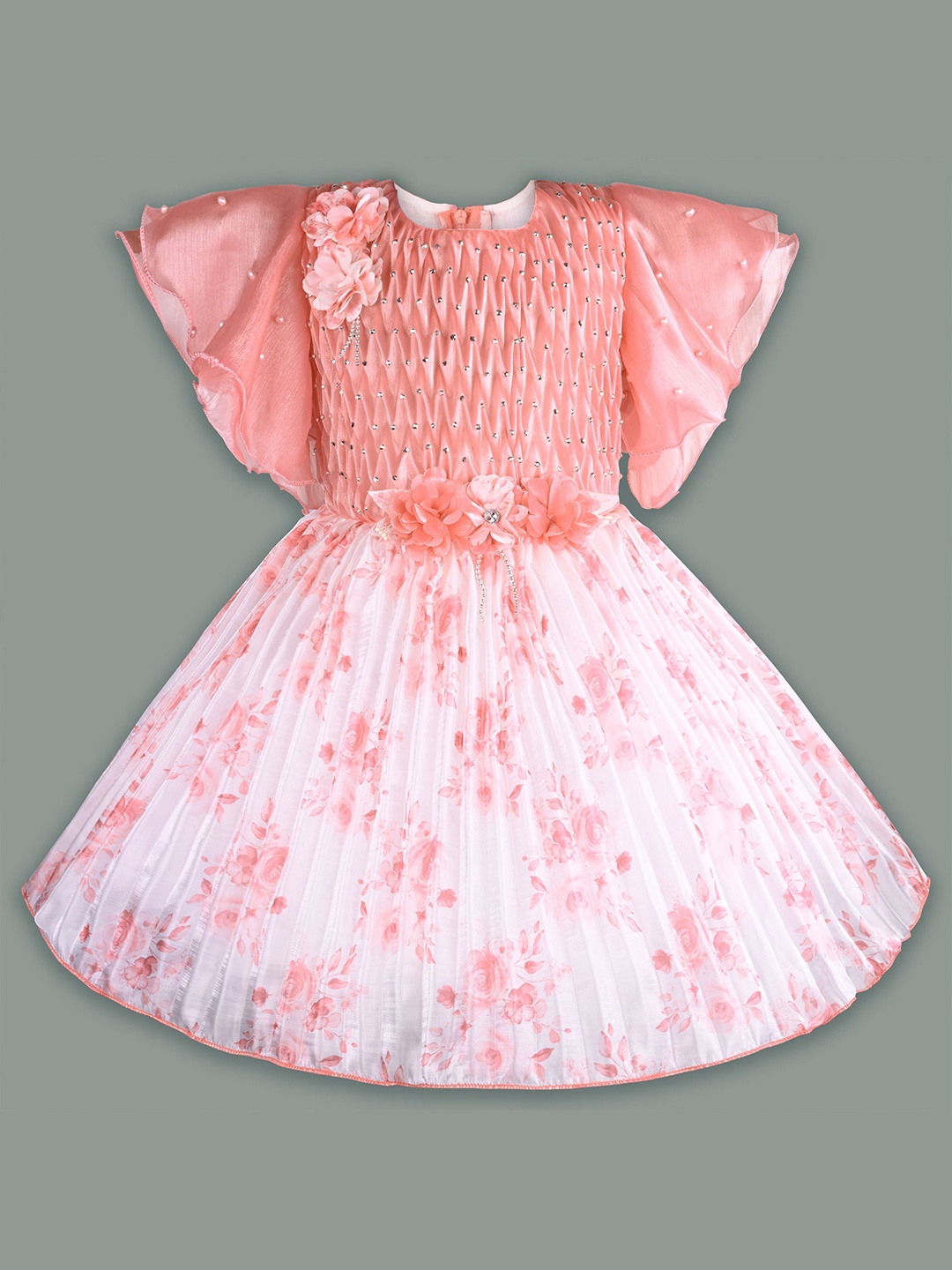 

Wish Karo Girls Floral Printed Flared Sleeve Fit & Flare Dress, Peach
