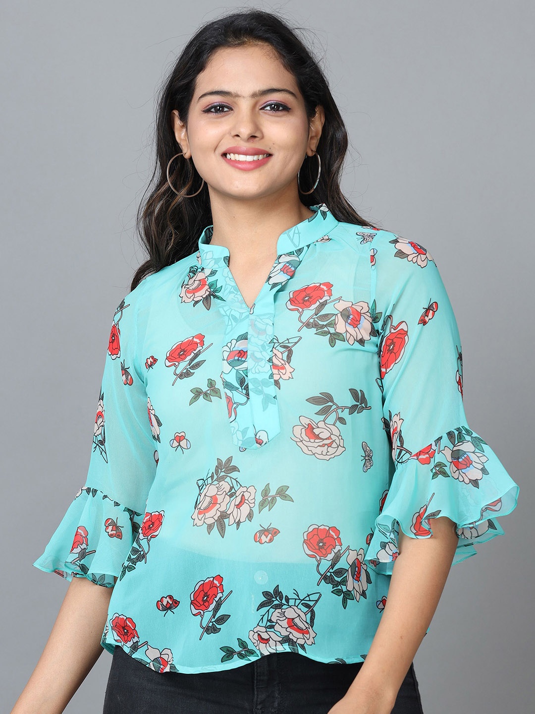 

Hassu's Women Floral Printed Cotton A-Line Top, Green