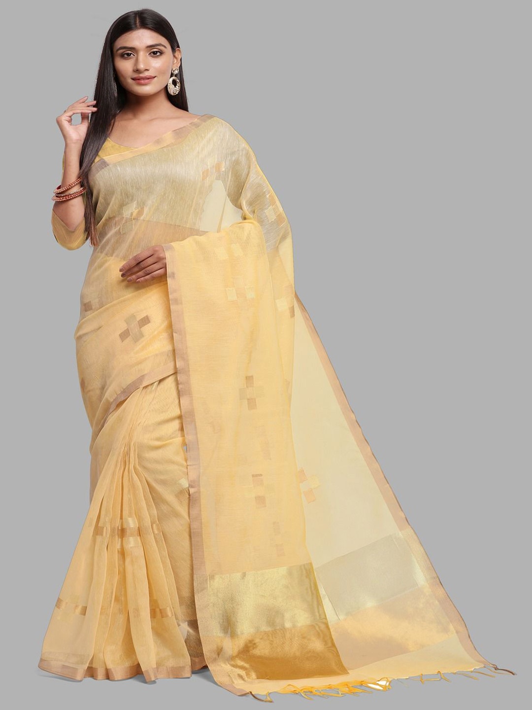 

Krimmple Woven Design Zari Pure Linen Khadi Saree, Yellow