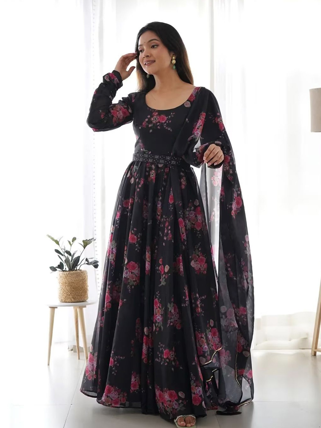 

A TO Z CART Floral Print Crepe Fit & Flare Maxi Dress, Black