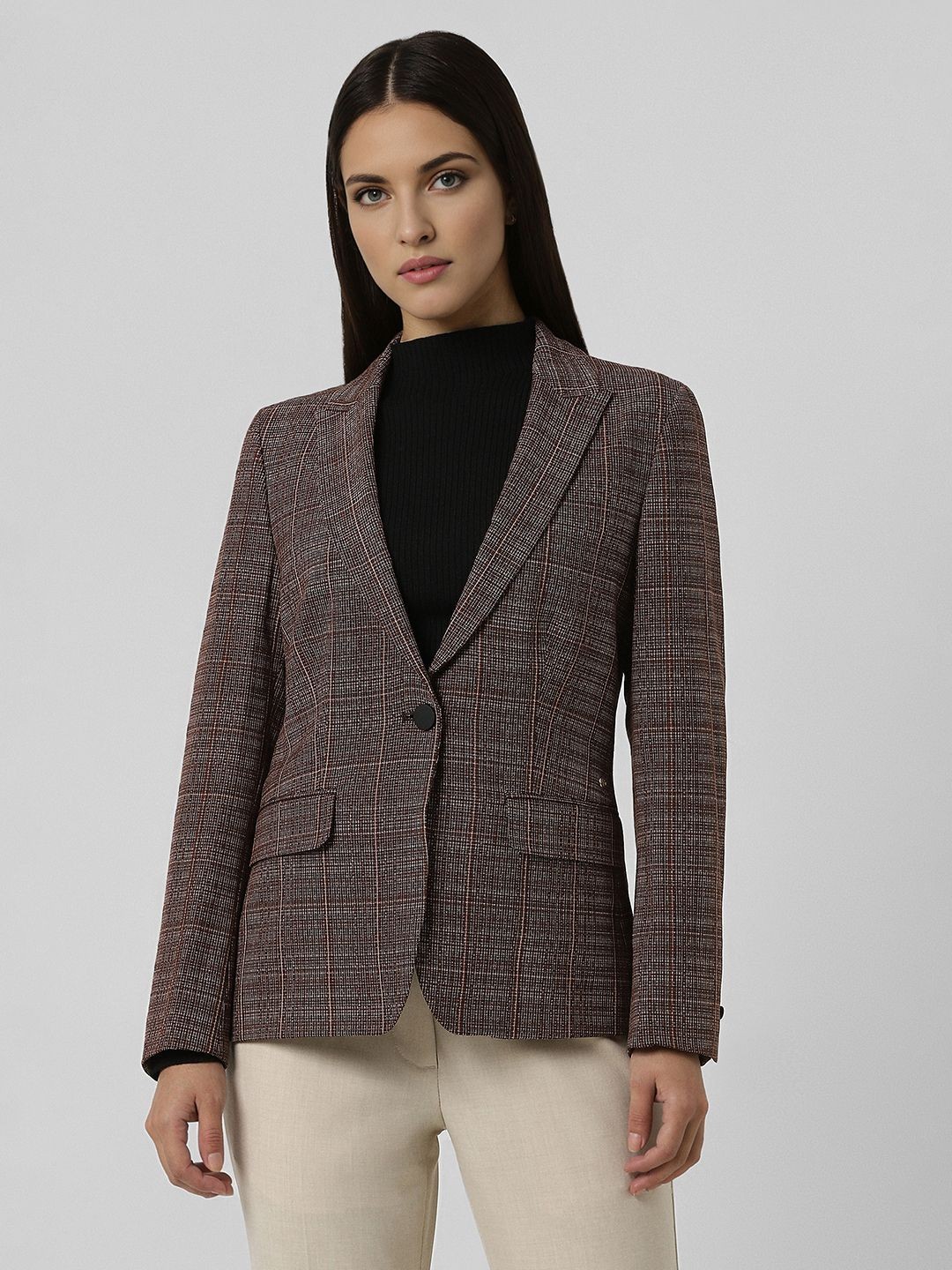 

Van Heusen Women Checked Peaked Lapel Collar Single Breasted Formal Blazer, Brown