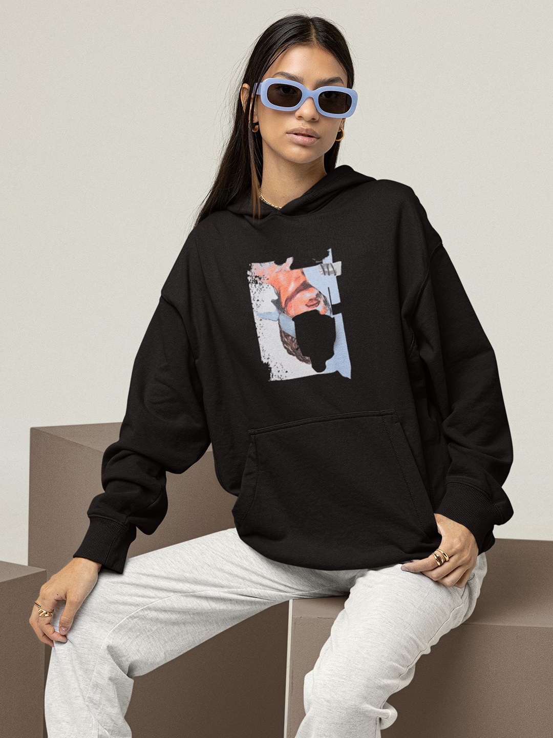 

TheBTclub Women Graphic Printed Hooded Sweatshirt, Black
