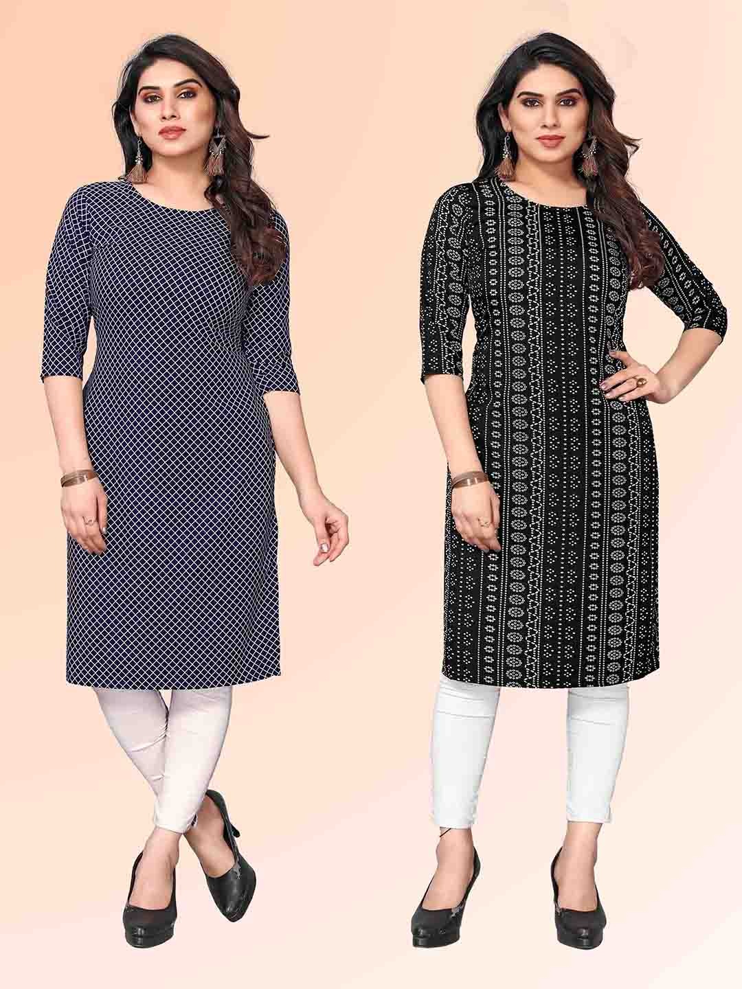 

KETAKI FASHION Selection Of 2 Checked Printed Round Neck Straight Kurtas, Blue