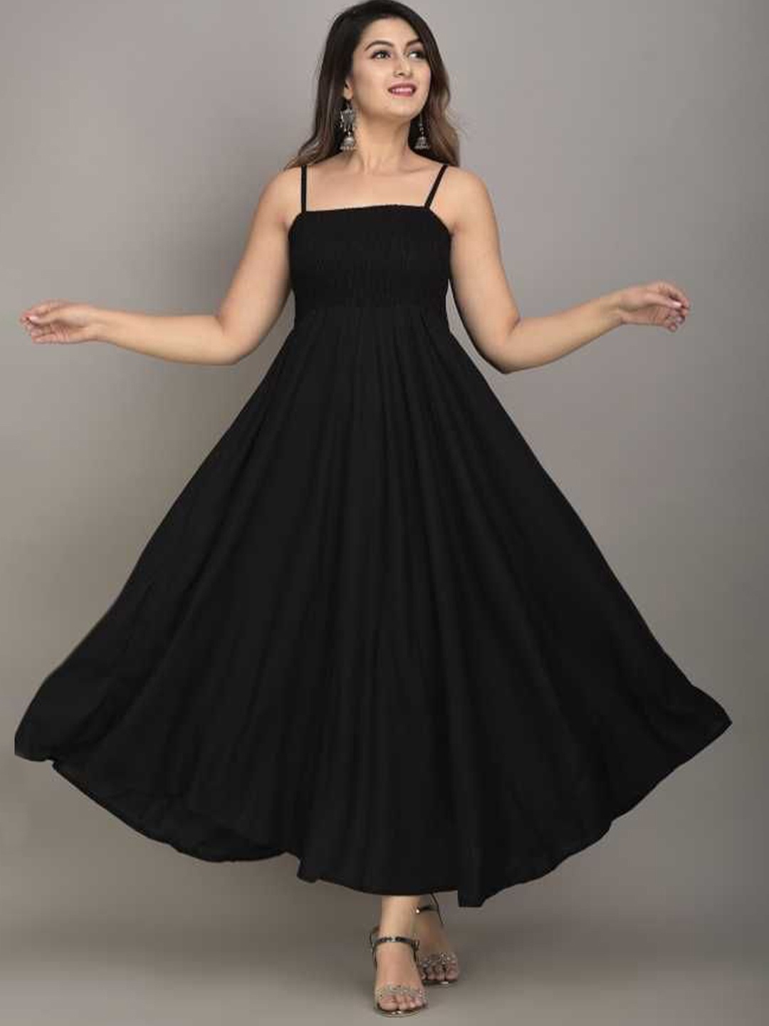 

VYMO Shoulder Straps Smocked Fit & Flare Maxi Dress, Black