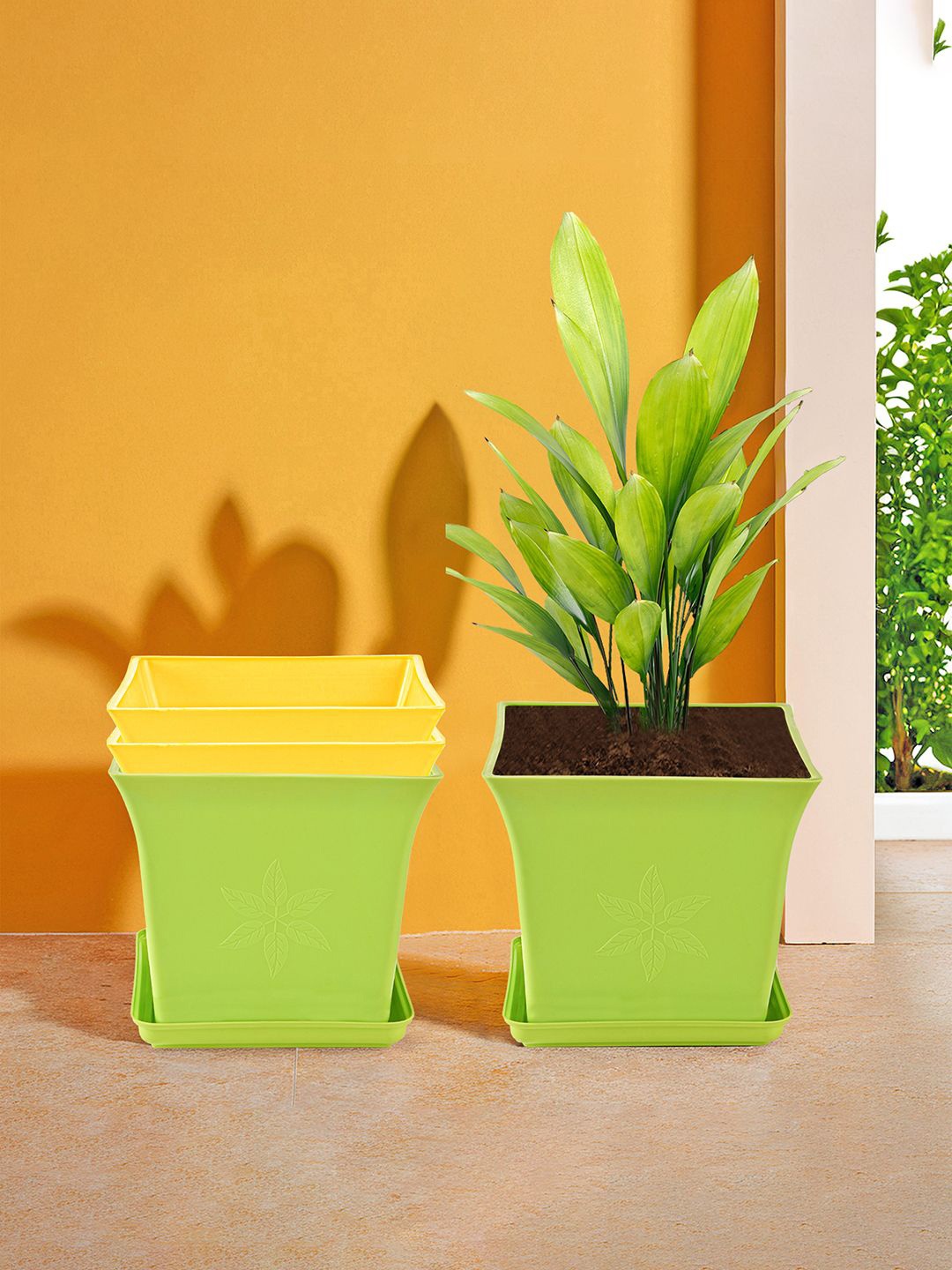 

Kuber Industries Green & Yellow 4 Pieces Premium Flower Pots for Garden with Bottom Plates