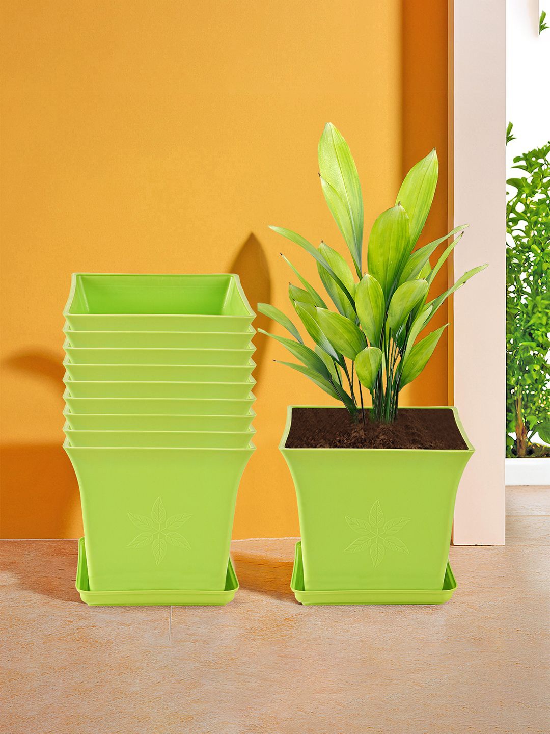 

Kuber Industries Green 10 Pieces Premium Flower Pots for Garden with Bottom Plates