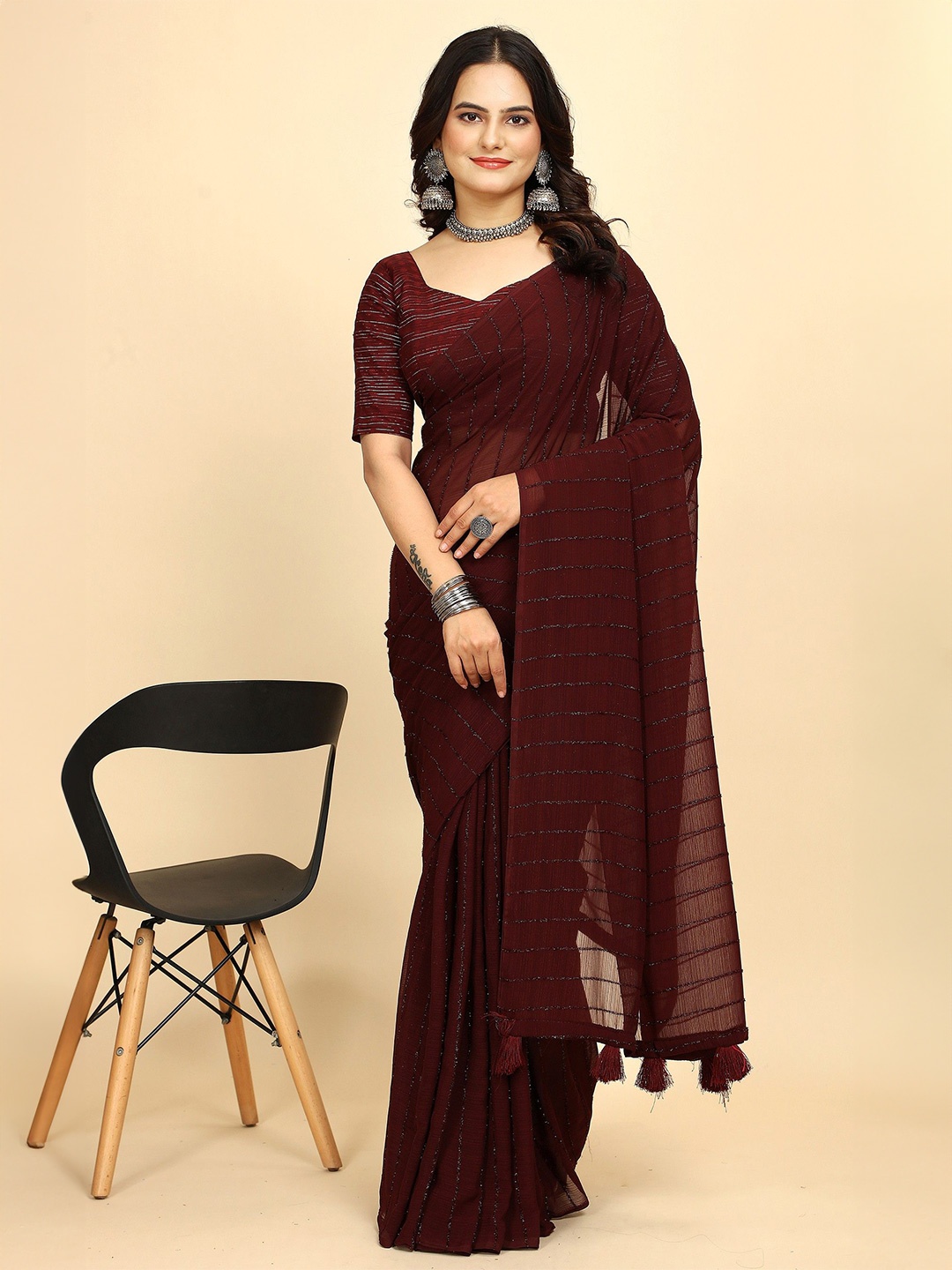 

K 5 Fashion Striped Embroidered Pure Chiffon Saree, Brown
