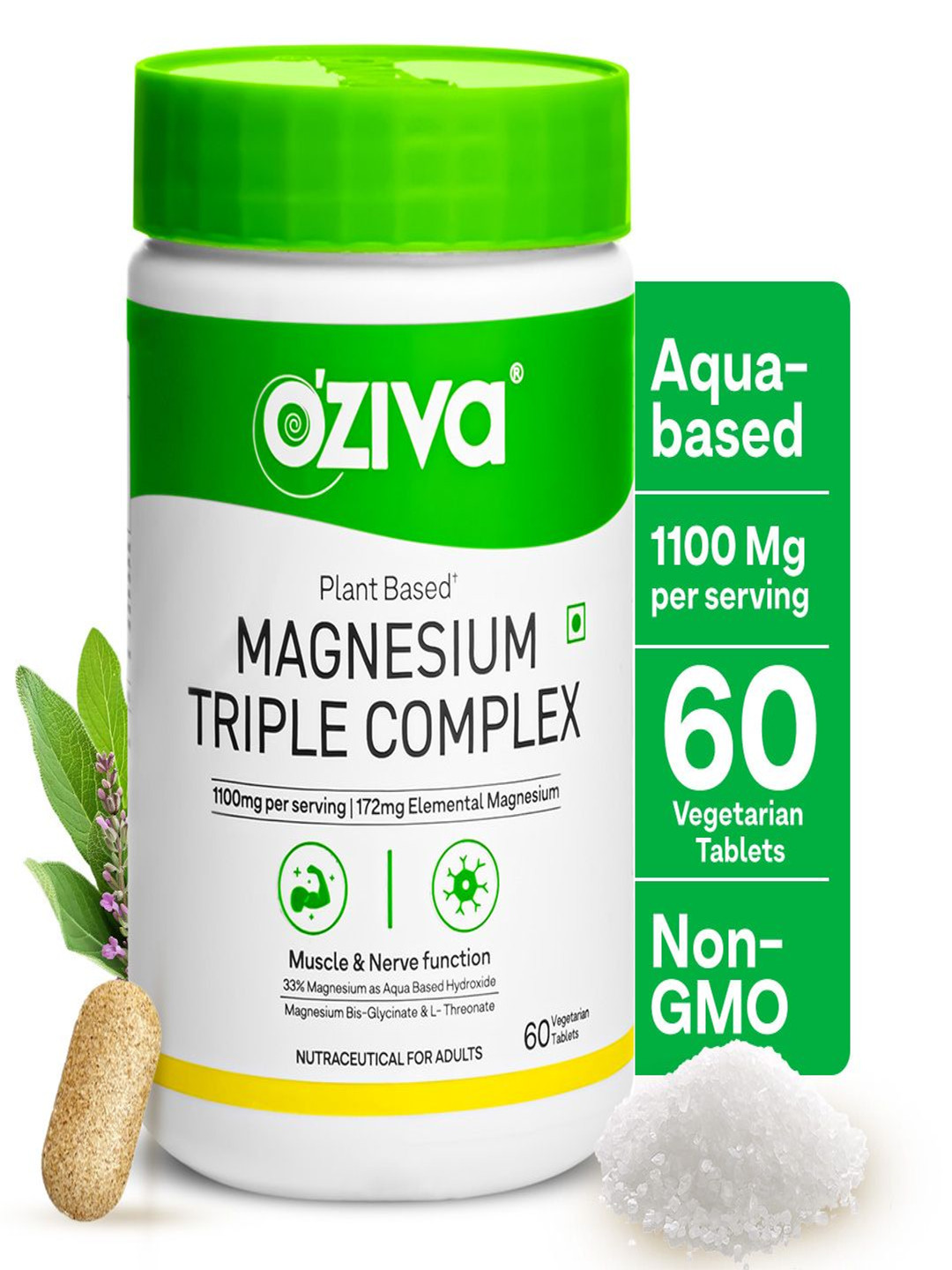 

OZiva Magnesium Triple Complex For Muscle & Nerve Function Aqua Based - 60 Tablets, Green