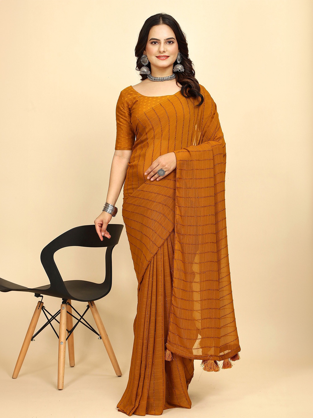 

K 5 Fashion Striped Embroidered Pure Chiffon Saree, Mustard