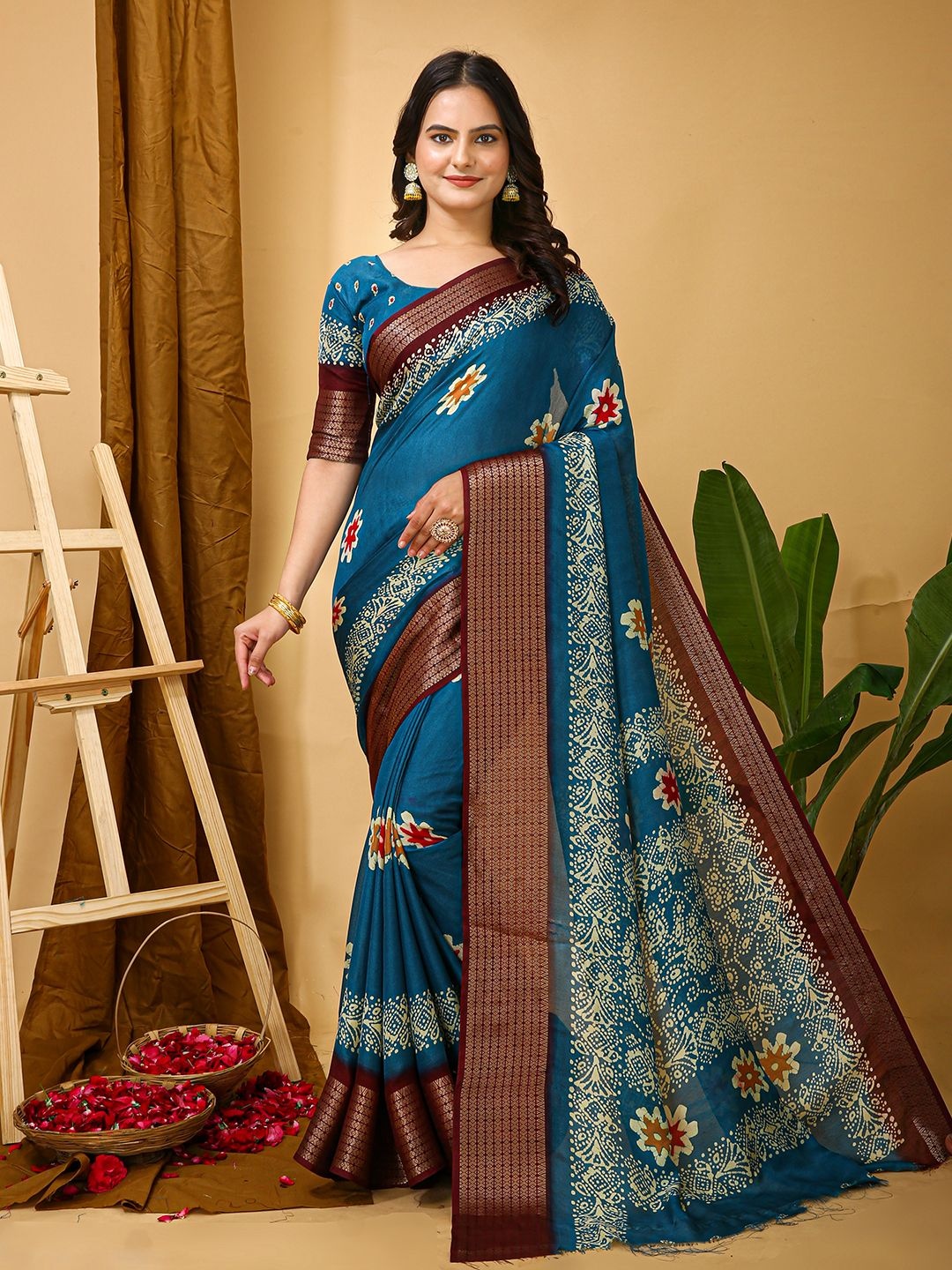 

Mitera Floral Printed Zari Saree With Unstitched Blouse Piece, Blue