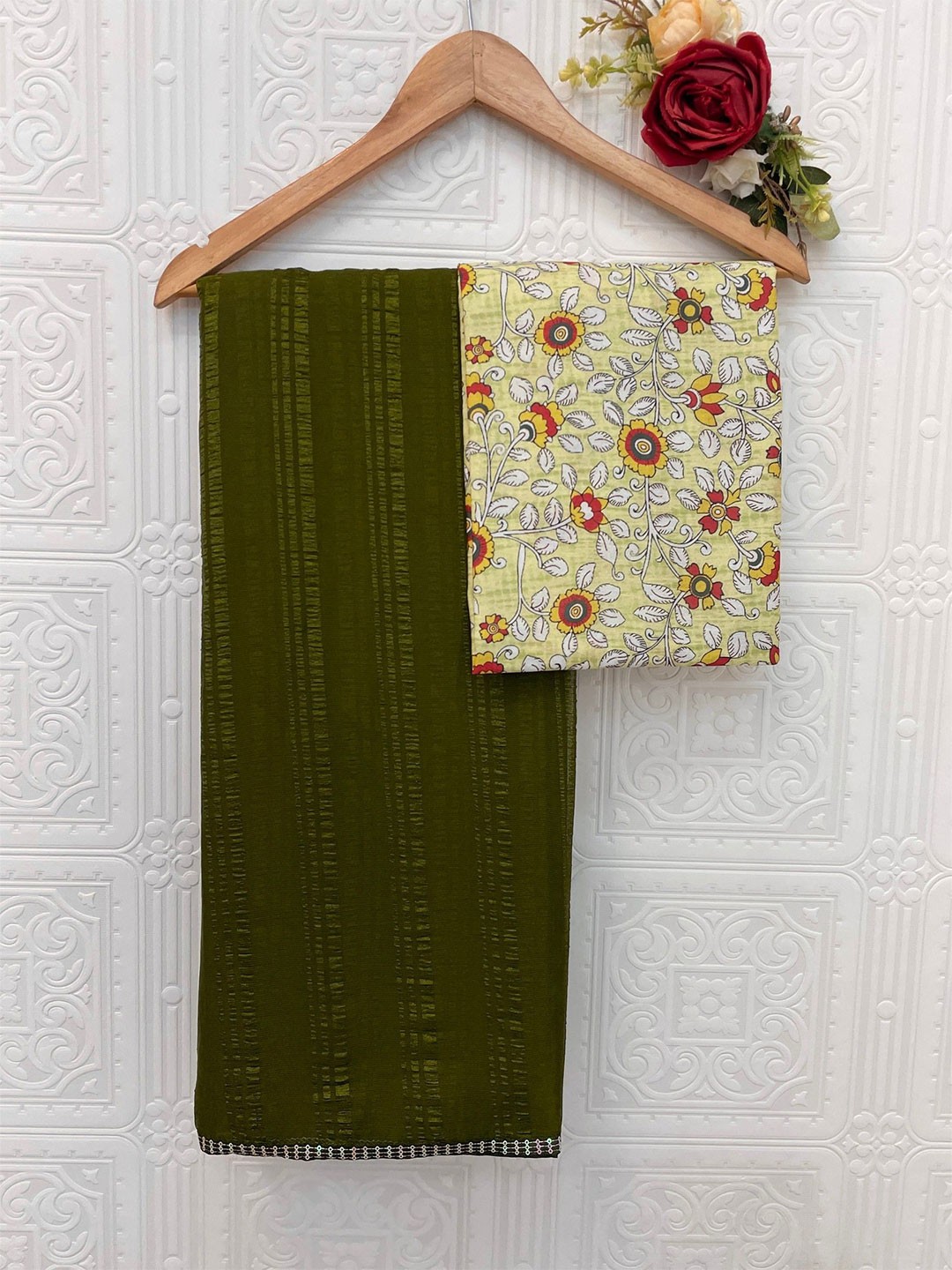

K 5 Fashion Striped Embroidered Pure Chiffon Saree, Olive