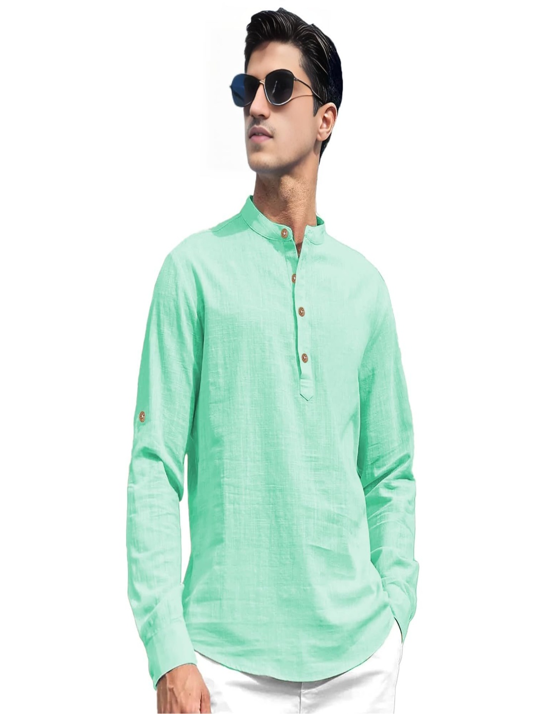 

EdinWolf Band Collar Cotton Slim Fit Straight Kurta, Lime green