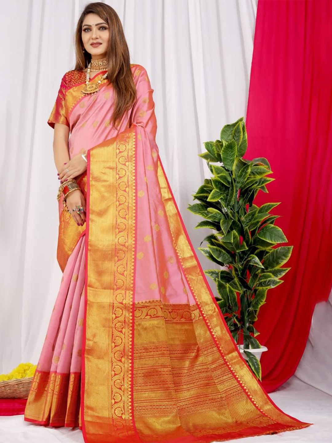 

ZIBLON Woven Design Zari Kanjeevaram Saree, Pink