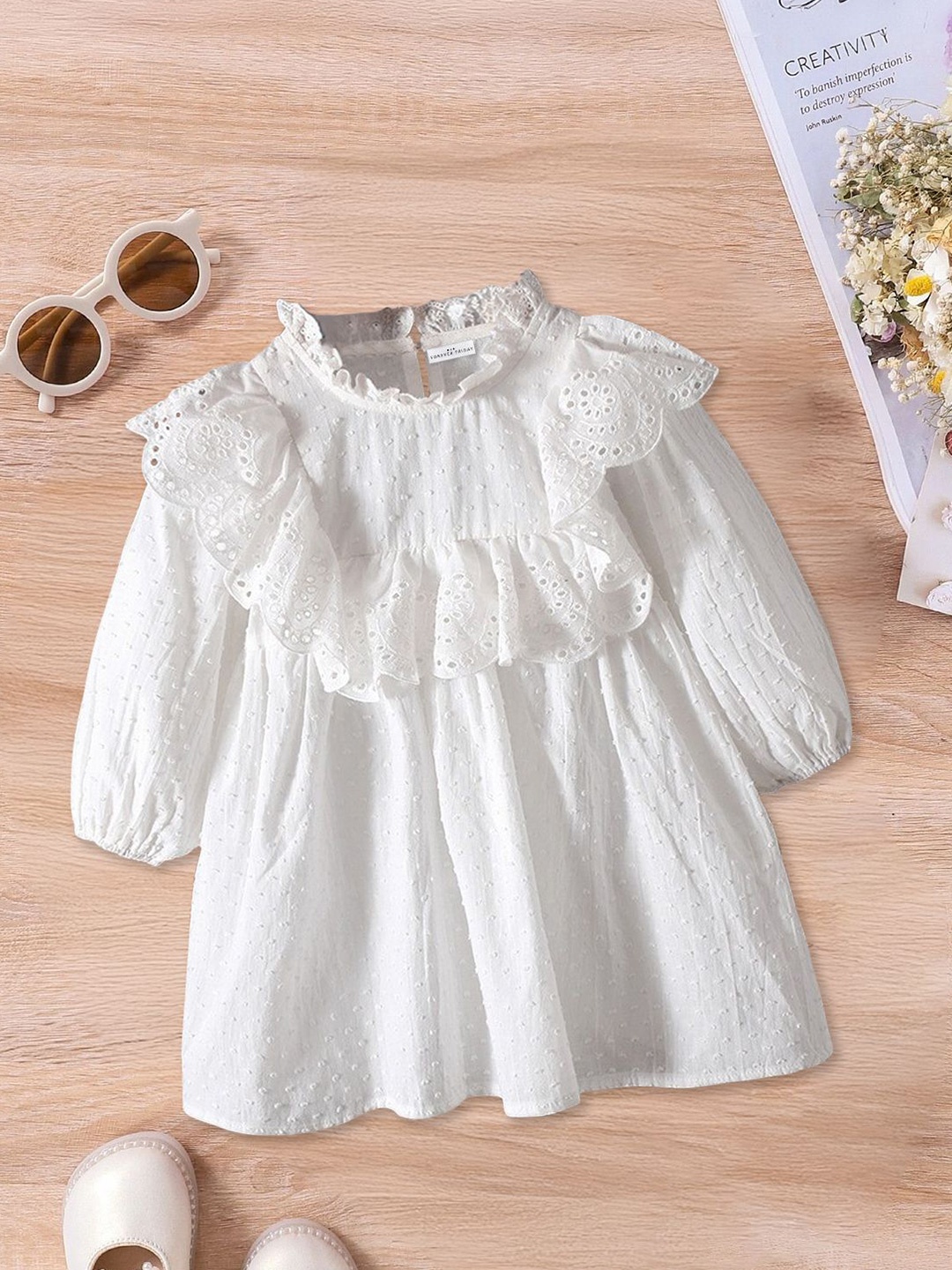 

FOREVER FRIDAY Girls Puff Sleeve Self Design Schiffli Cotton Top, White