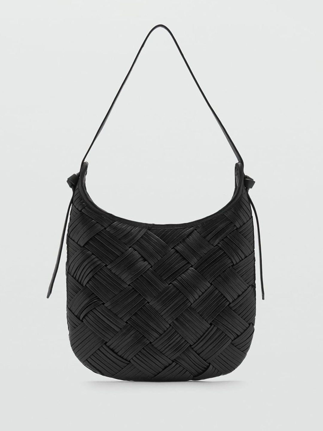 

MANGO Leather Basket Weave Textured Shoulder Bag, Black