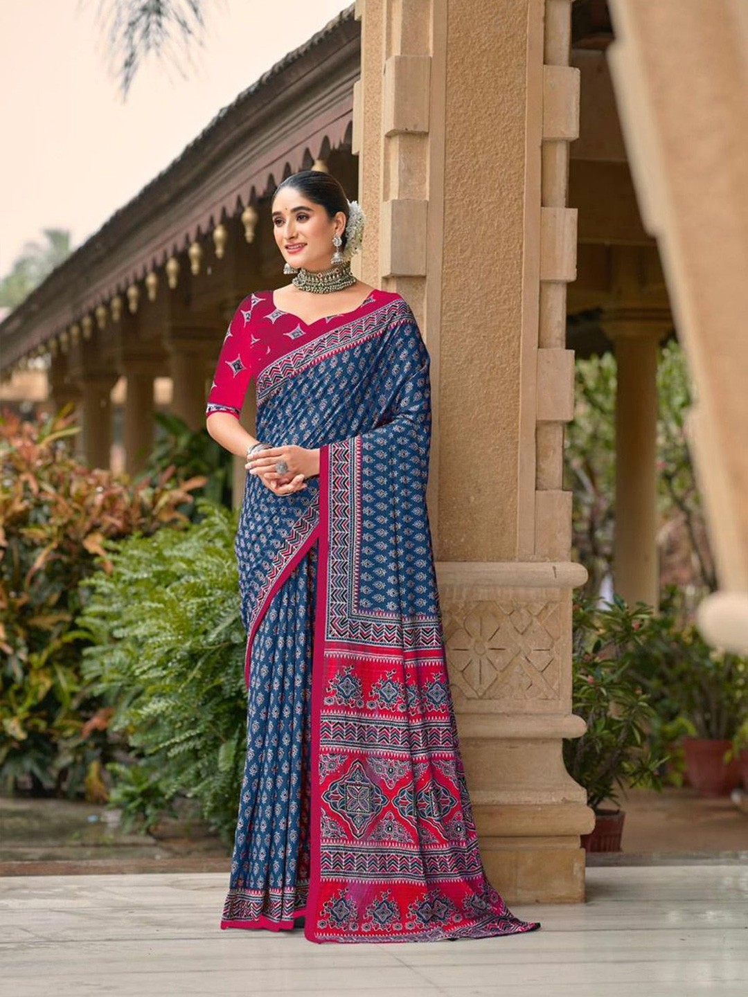 

Anouk Ethnic Motifs Pure Cotton Bagru Saree, Blue