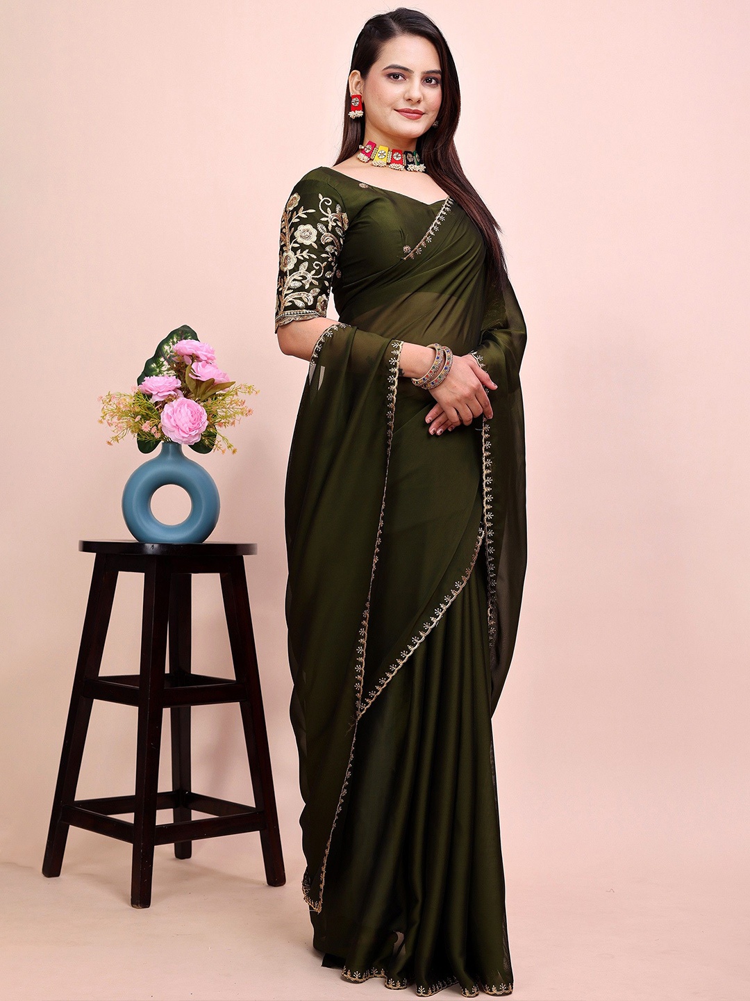 

K 5 Fashion Embroidered Pure Chiffon Saree, Olive