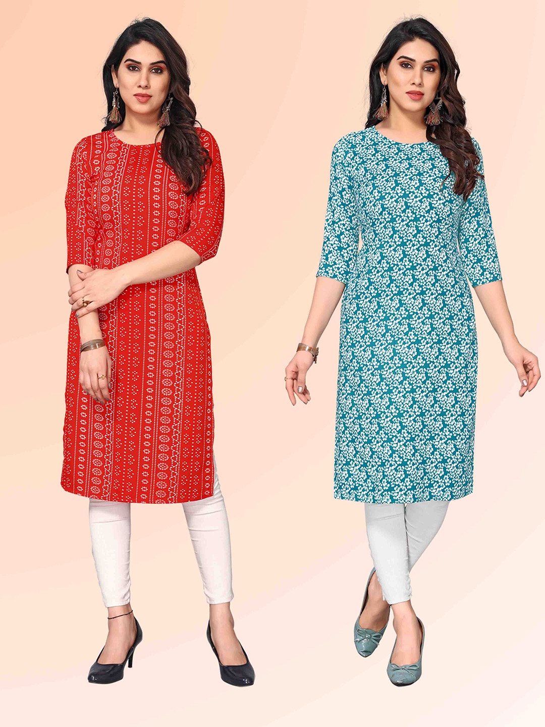 

KETAKI FASHION Selection of 2 Ethnic Motifs Printed Round Neck Straight Kurtas, Red