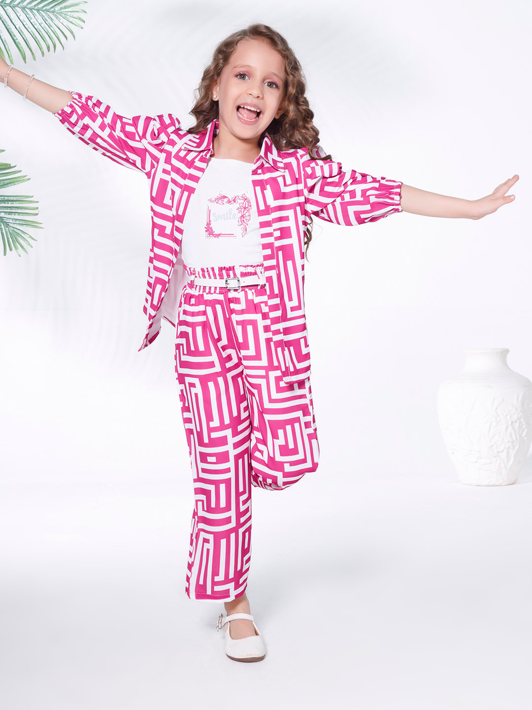 

Ministitch Girls Printed Sleeveless T-Shirt With Shirt With Palazzo, Pink