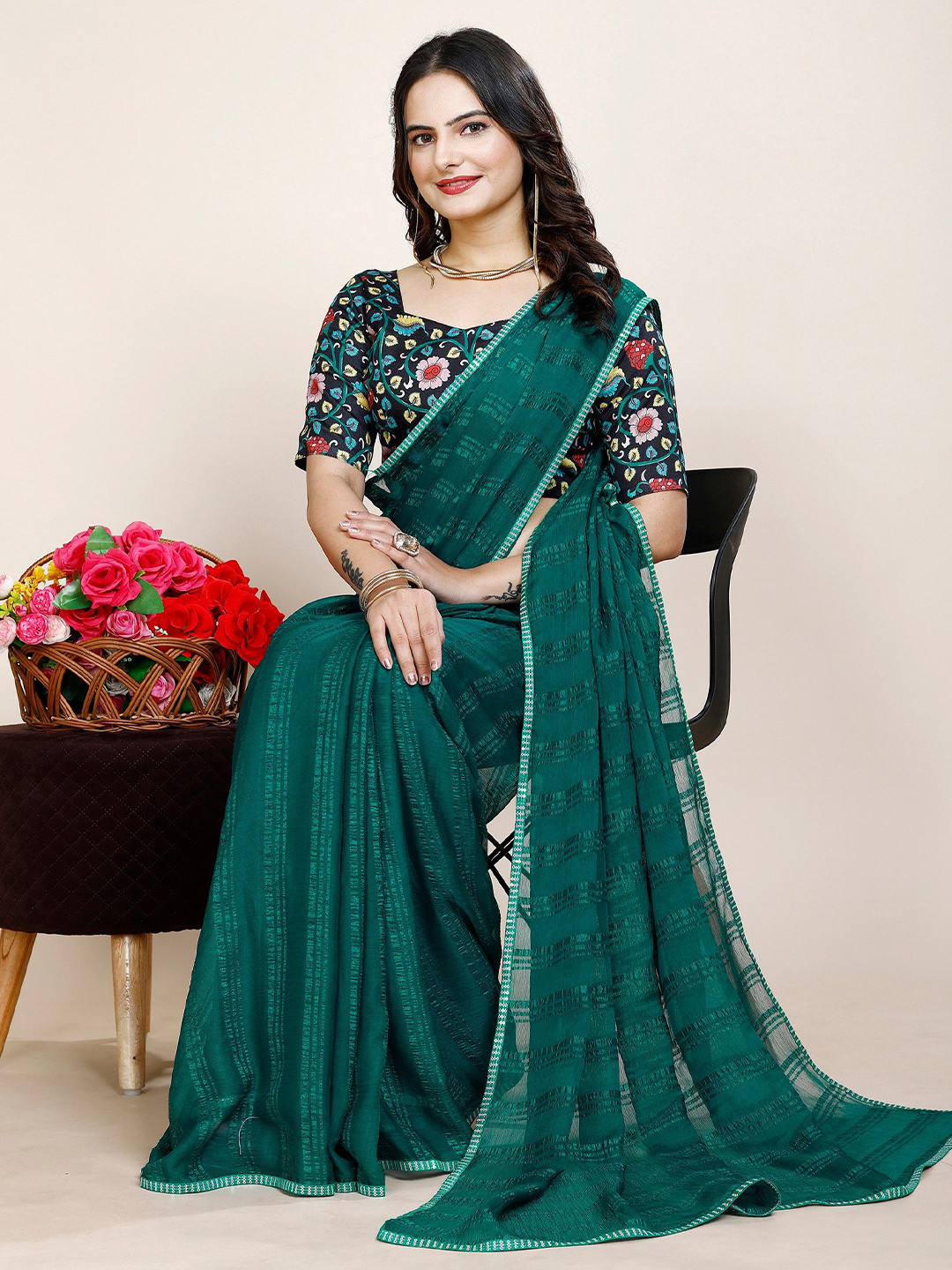 

K 5 Fashion Embroidered Pure Chiffon Saree, Sea green