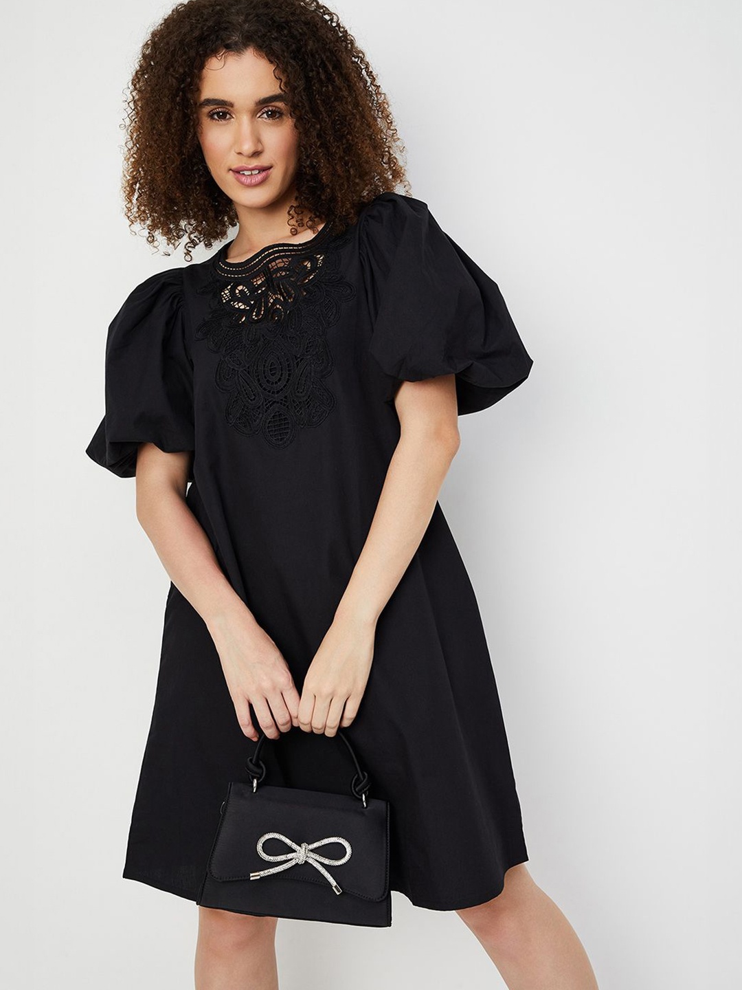 

max Lace Inserts Cotton A-Line Dress, Black