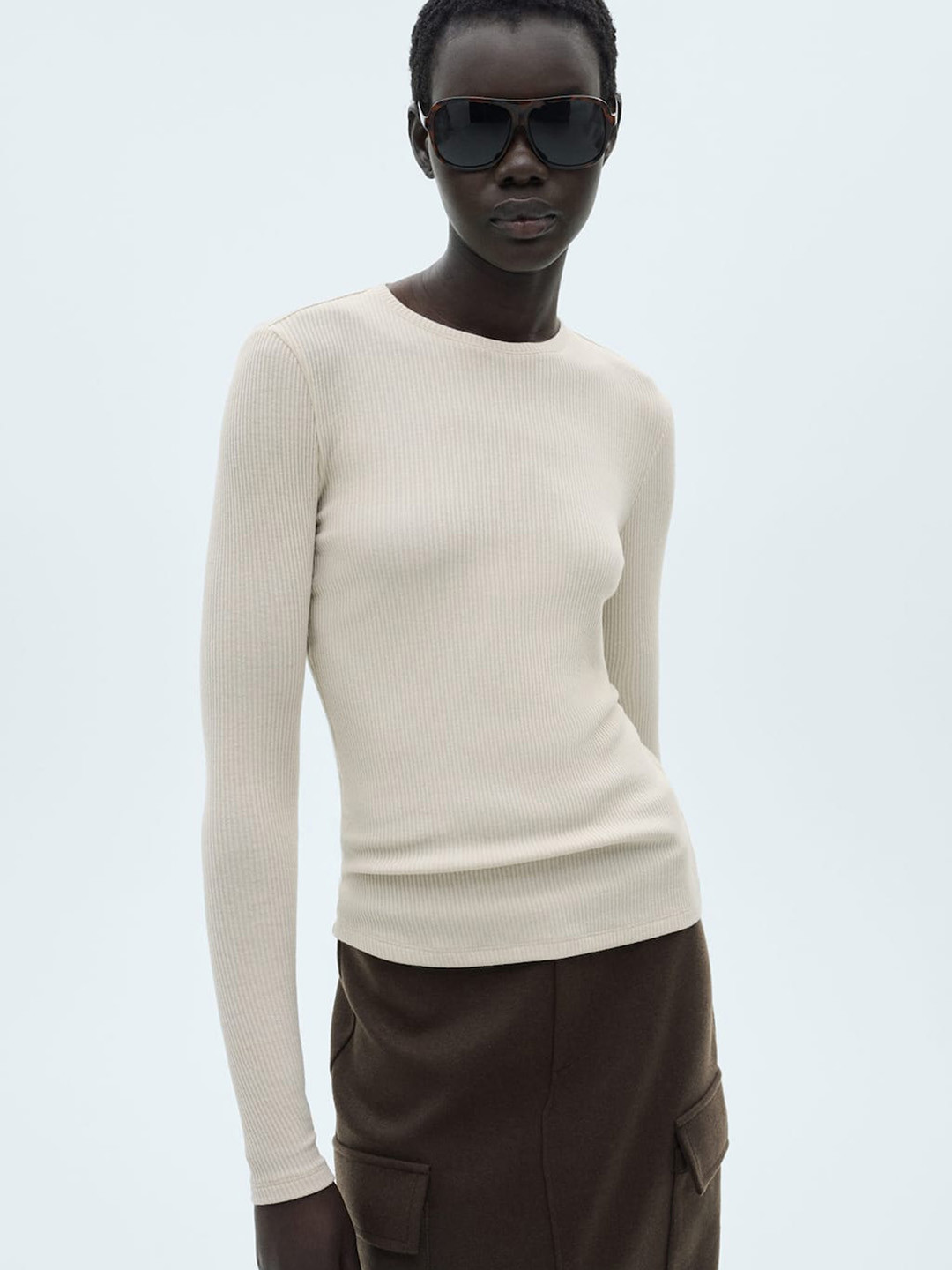 

MANGO Ribbed Long Sleeve Fitted T-shirt, Beige