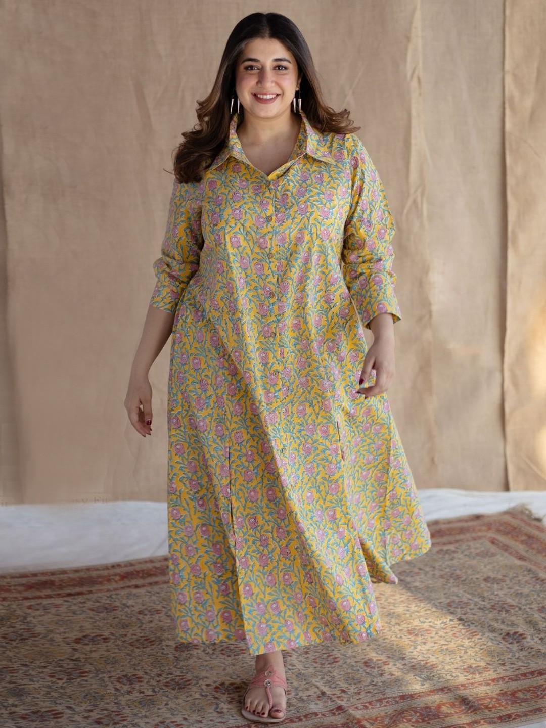 

THE INDIAN ETHNIC CO Floral Print A-Line Maxi Dress, Yellow