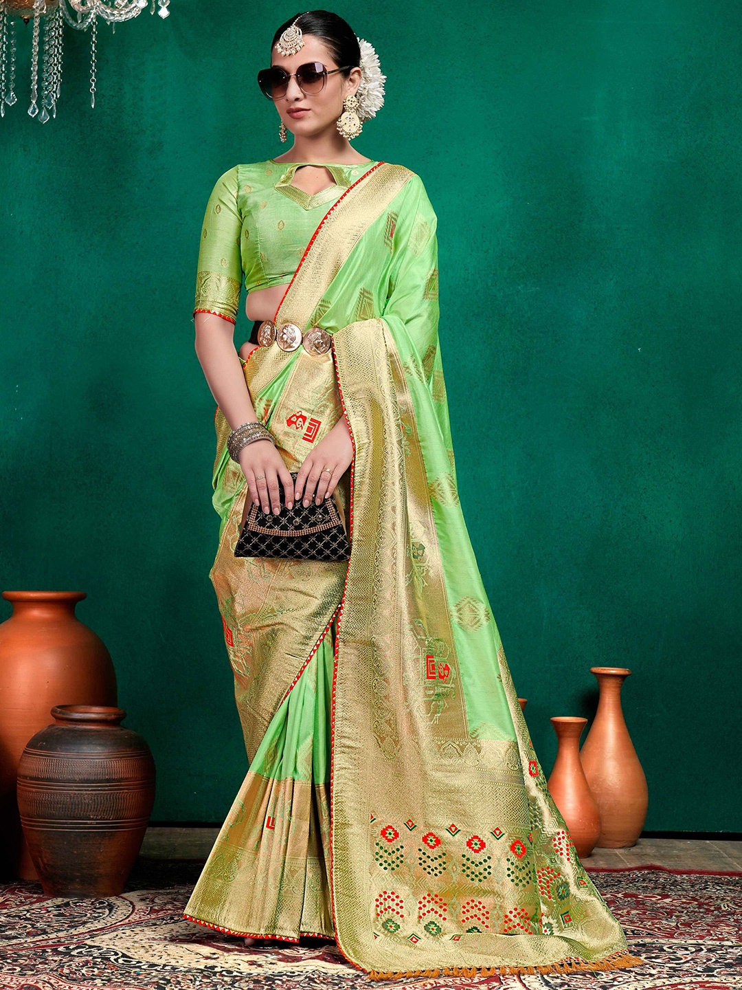 

Aagiri Woven Design Zari Pure Silk Banarasi Saree, Sea green