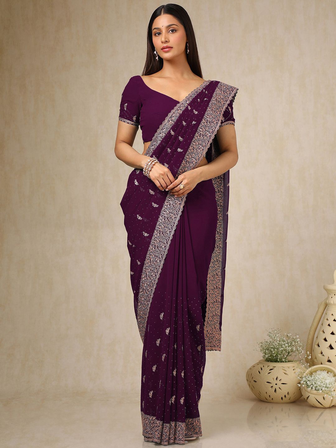 

Soch Floral Beads and Stones Poly Georgette Saree, Purple
