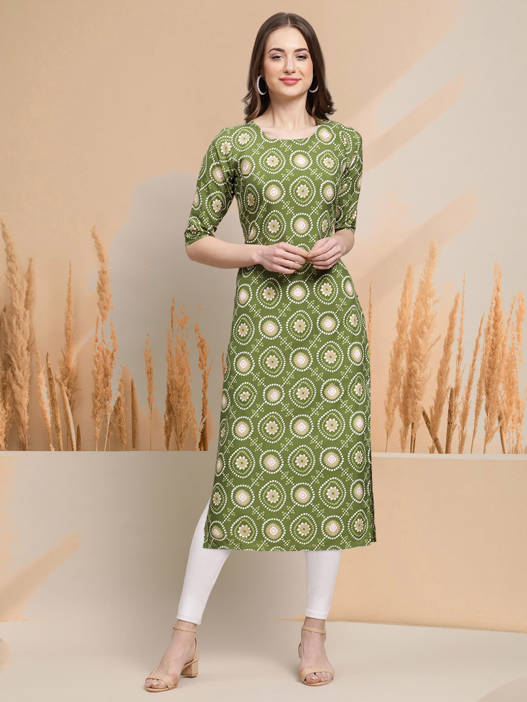 

7Threads Selection Of 6 Geometric Printed Round Neck Straight Kurtas, Green