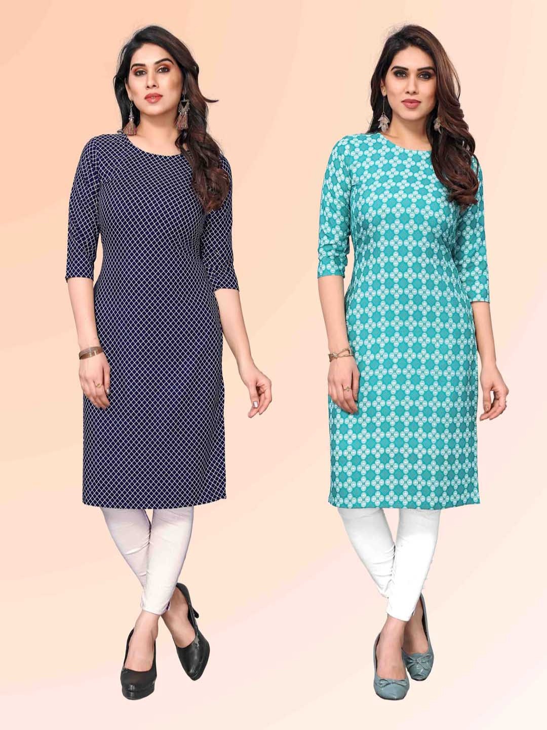 

KETAKI FASHION Selection of 2 Geometric Printed Round Neck Straight Kurtas, Blue