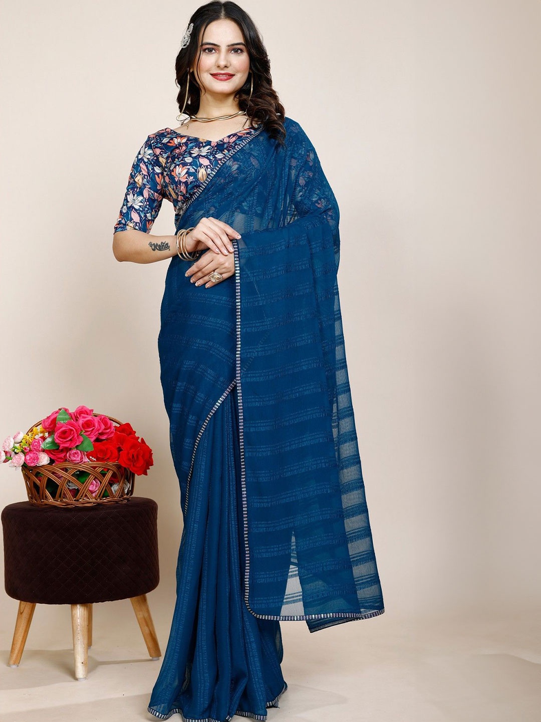 

K 5 Fashion Striped Embroidered Pure Chiffon Saree, Teal