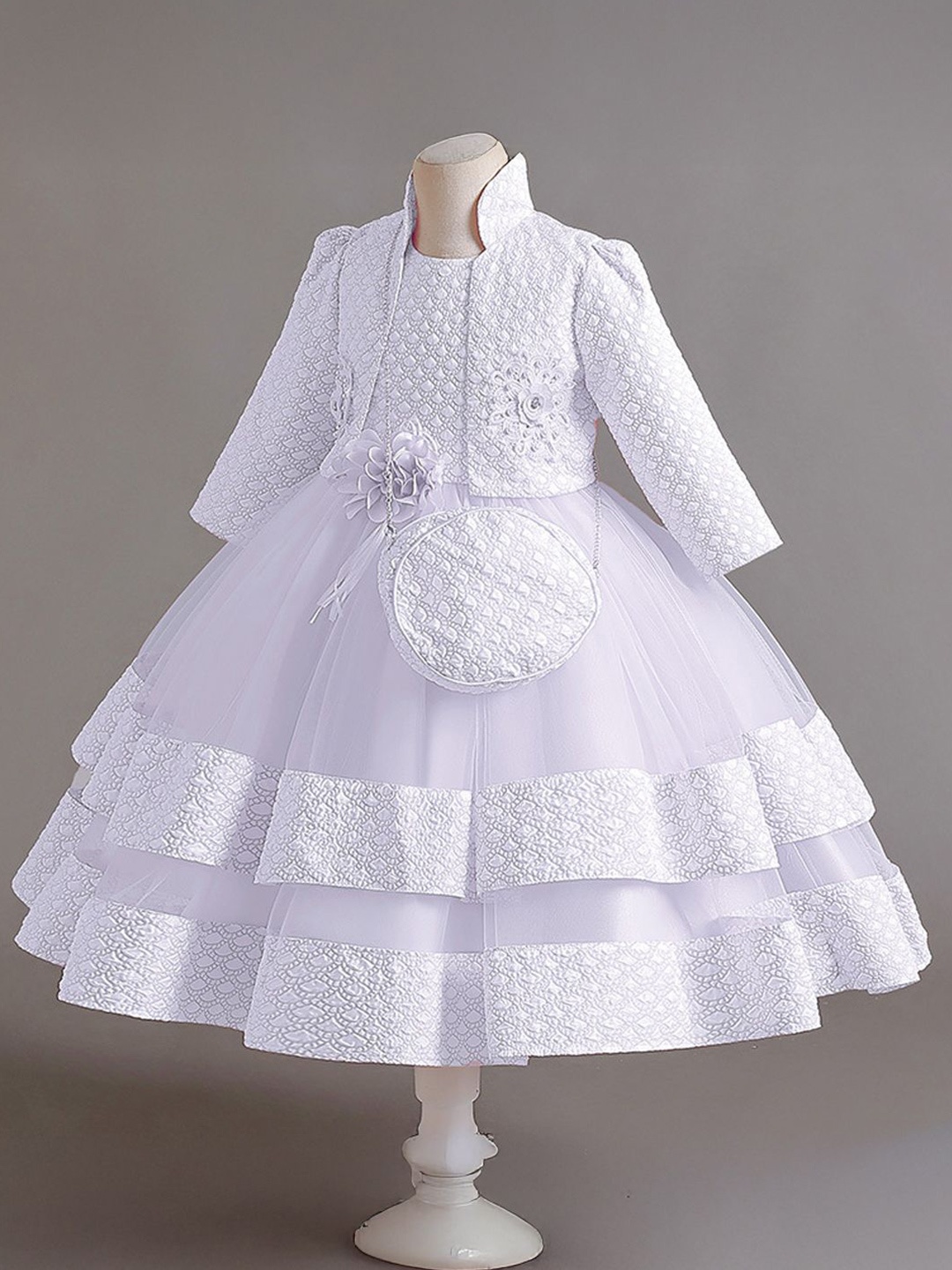 

Xsole Girls Cold-Shoulder Fit & Flare Midi Dress With Jacket & bag, White