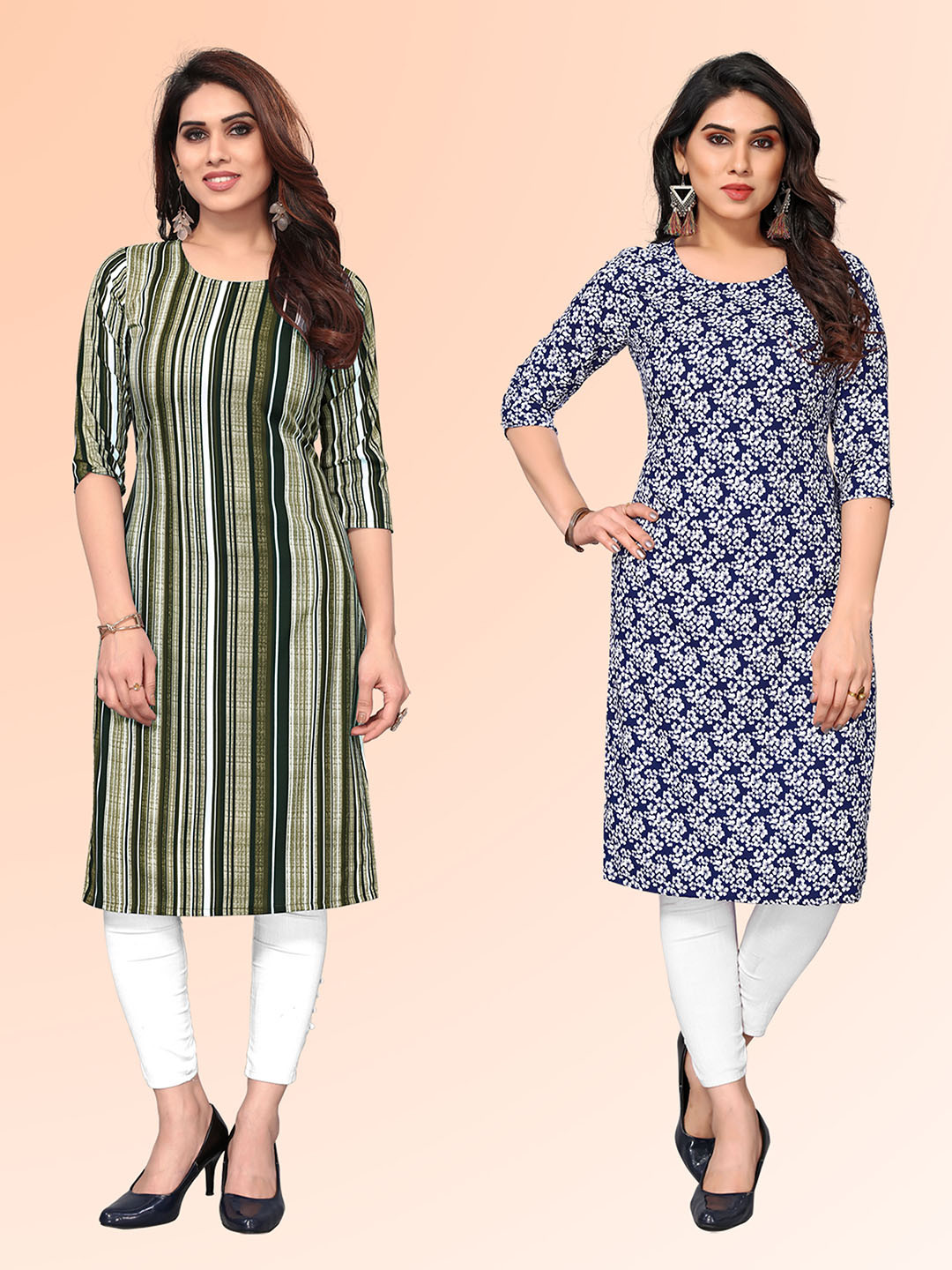 

KETAKI FASHION Selection Of 2 Striped Round Neck Straight Kurtas, Green