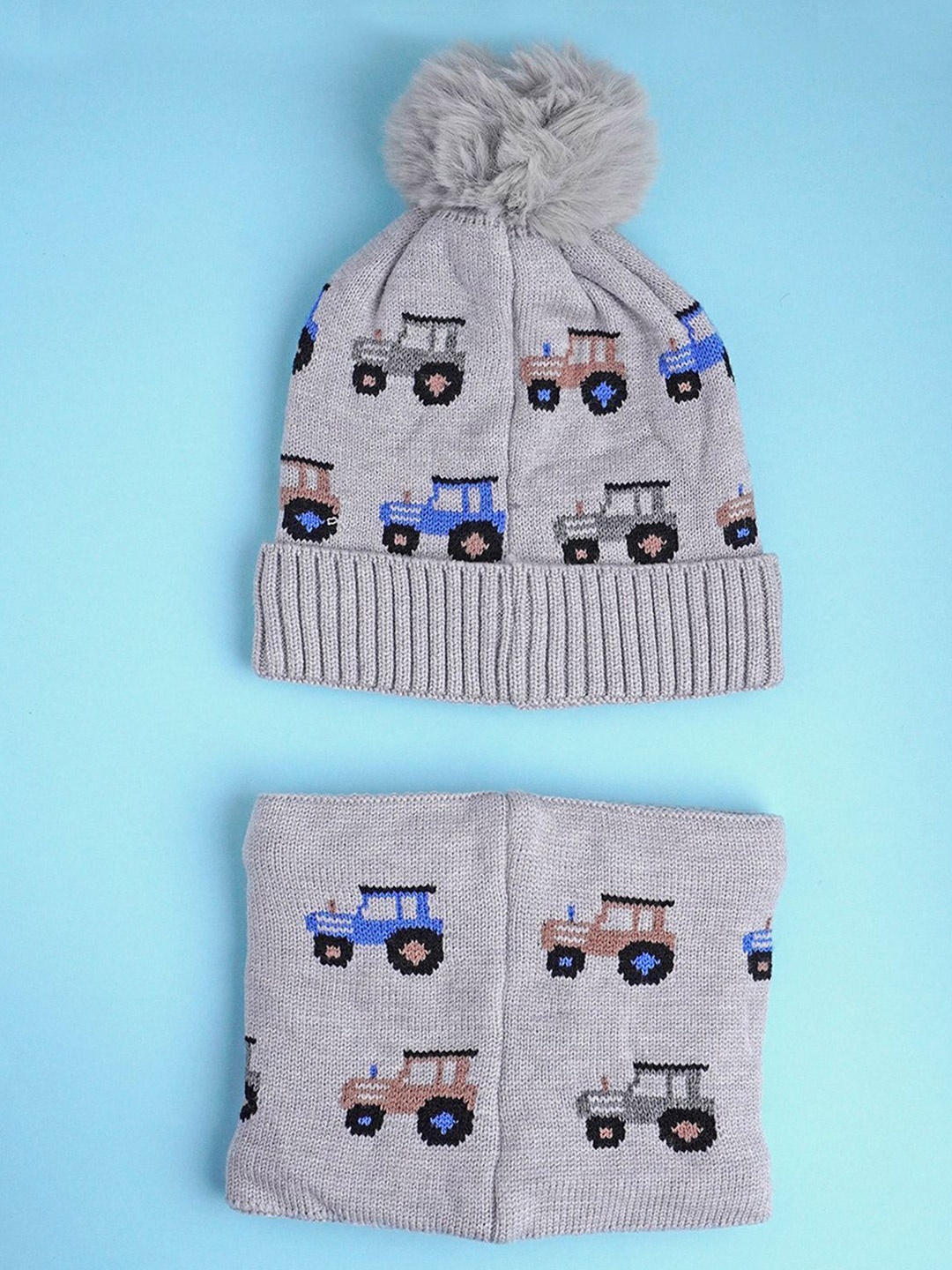 

Little Surprise Box LLP Kids Cars Themed Beanie Winter Cap With Neck Cuff Style Muffler, Grey