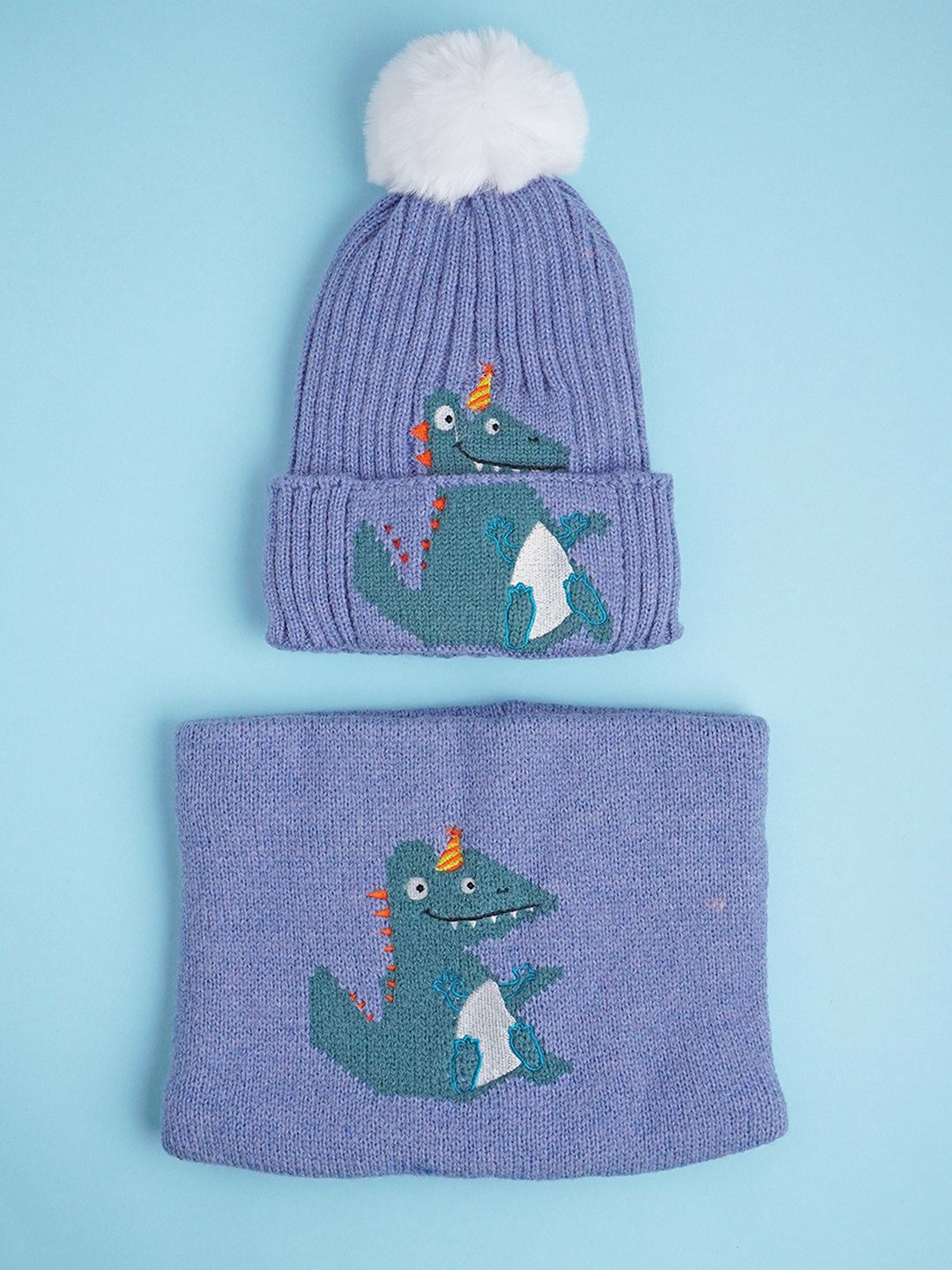 

Little Surprise Box LLP Kids Dino Themed Beanie Winter Cap With Neck Cuff Style Muffler, Blue