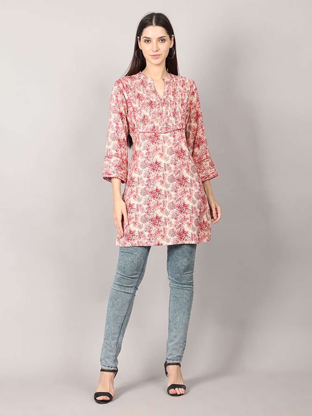 

Krimmple Women Floral Printed Mandarin Collar Kurti, Pink