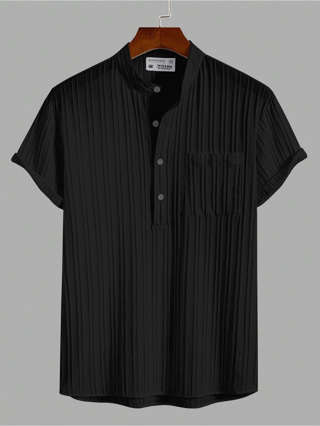 

WOXEN Men Original Fit Mandarin Collar Vertical Striped Casual Shirt, Black