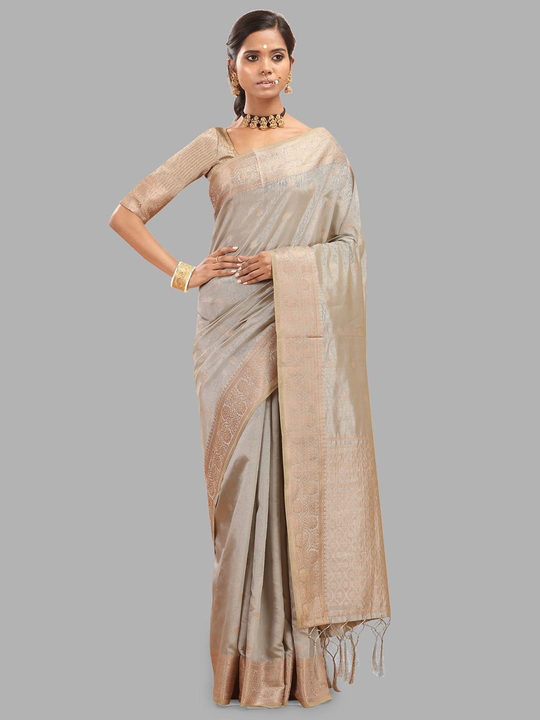 

Krimmple Woven Design Zari Pure Silk Banarasi Saree, Grey