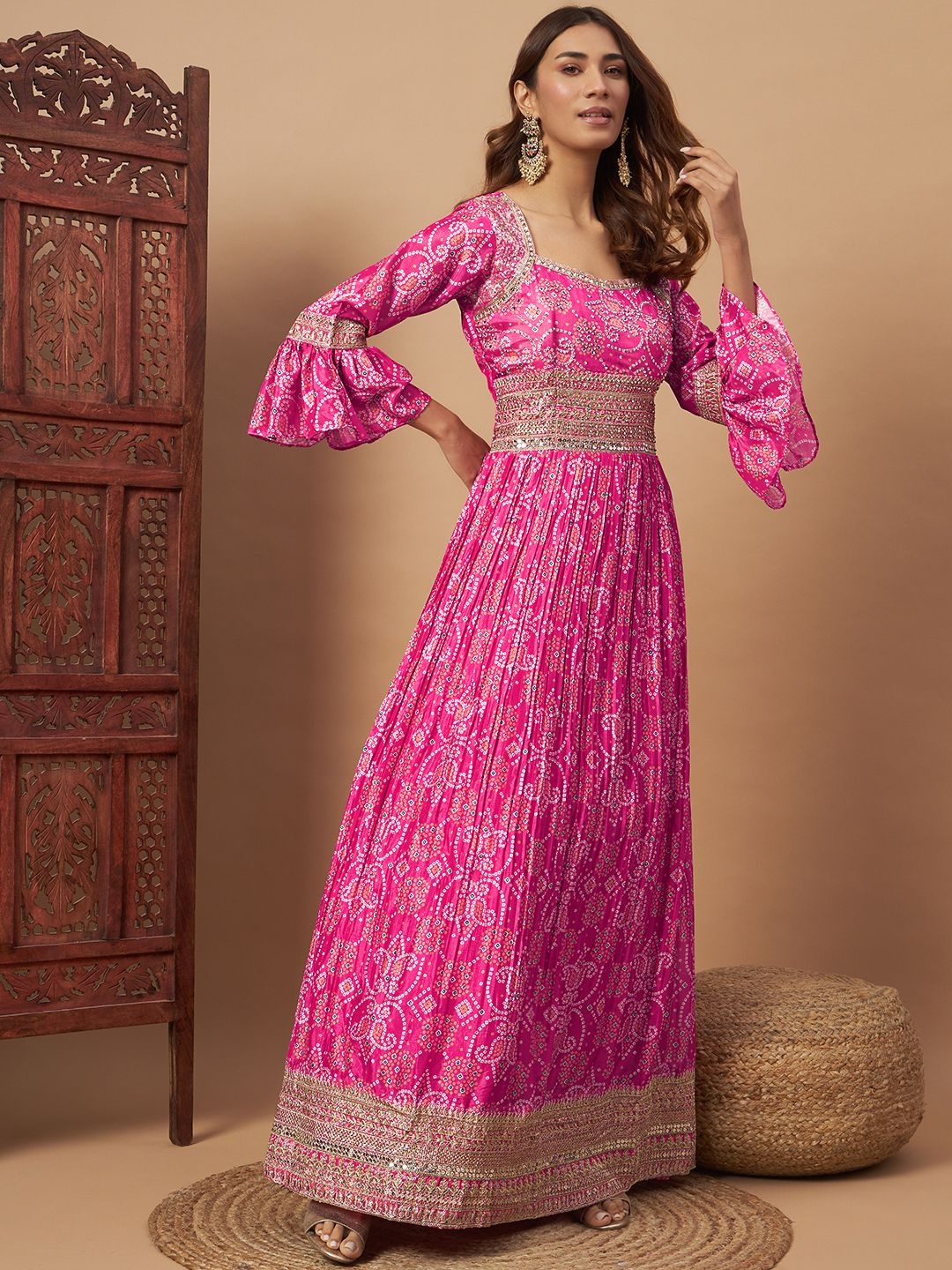 

Chhabra 555 Bandhani Print Pleated Gown Maxi Ethnic Dresses With Dupatta, Pink