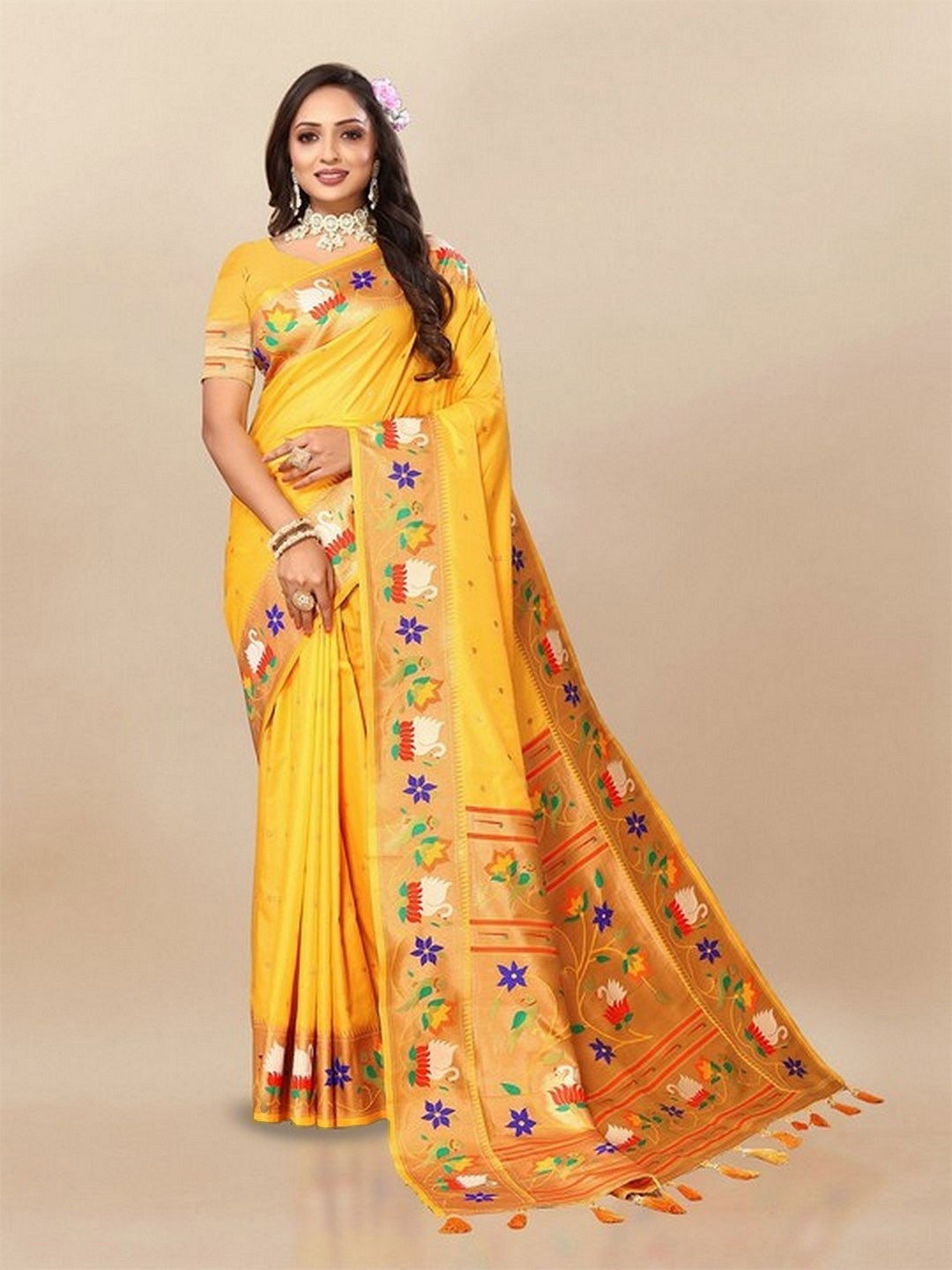 

VARNI FABRICS Woven Design Zari Pure Silk Paithani Saree, Mustard