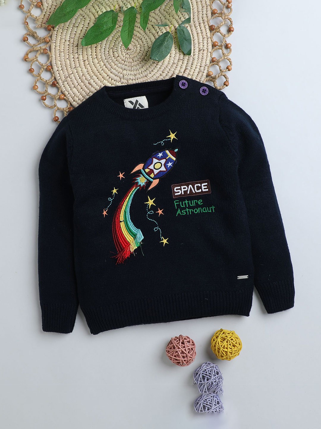 

Yellow Apple Boys Embroidered Woollen Pullover, Navy blue